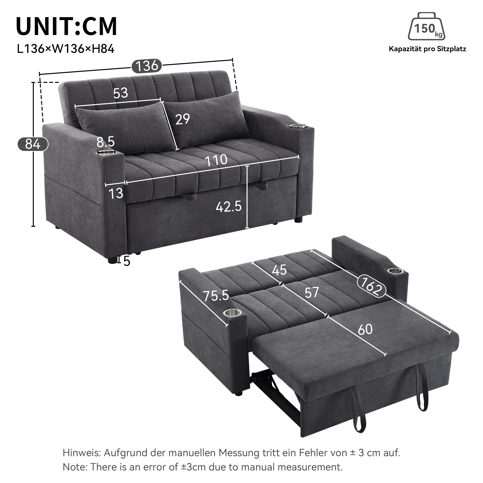 Dimensions canapé convertible 2 places gris