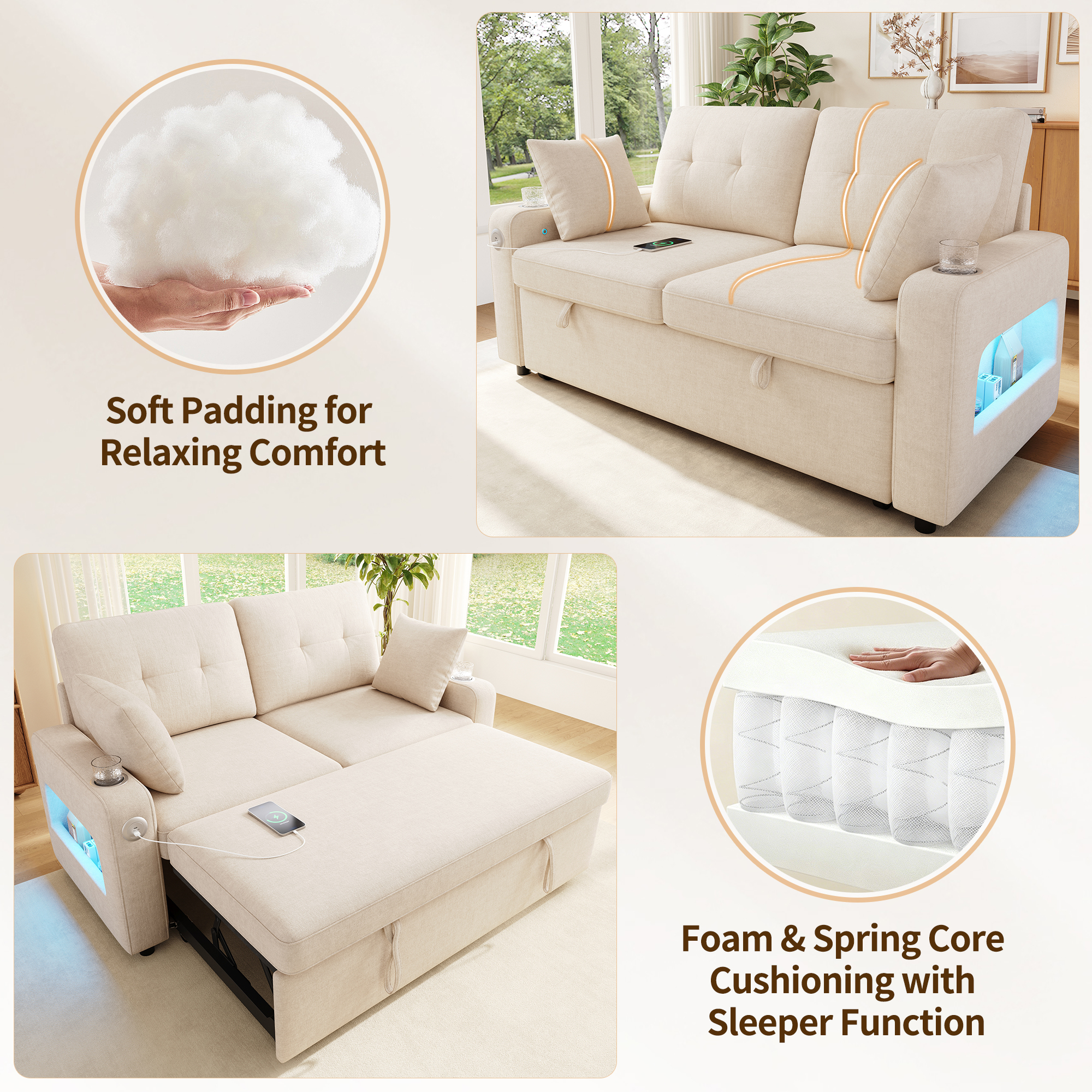 Canapé 2 places 141,5 x 131 x 83,5 cm, convertible, modulable, avec USB/Type-C, en chenille, Beige - dimensions et spécifications
