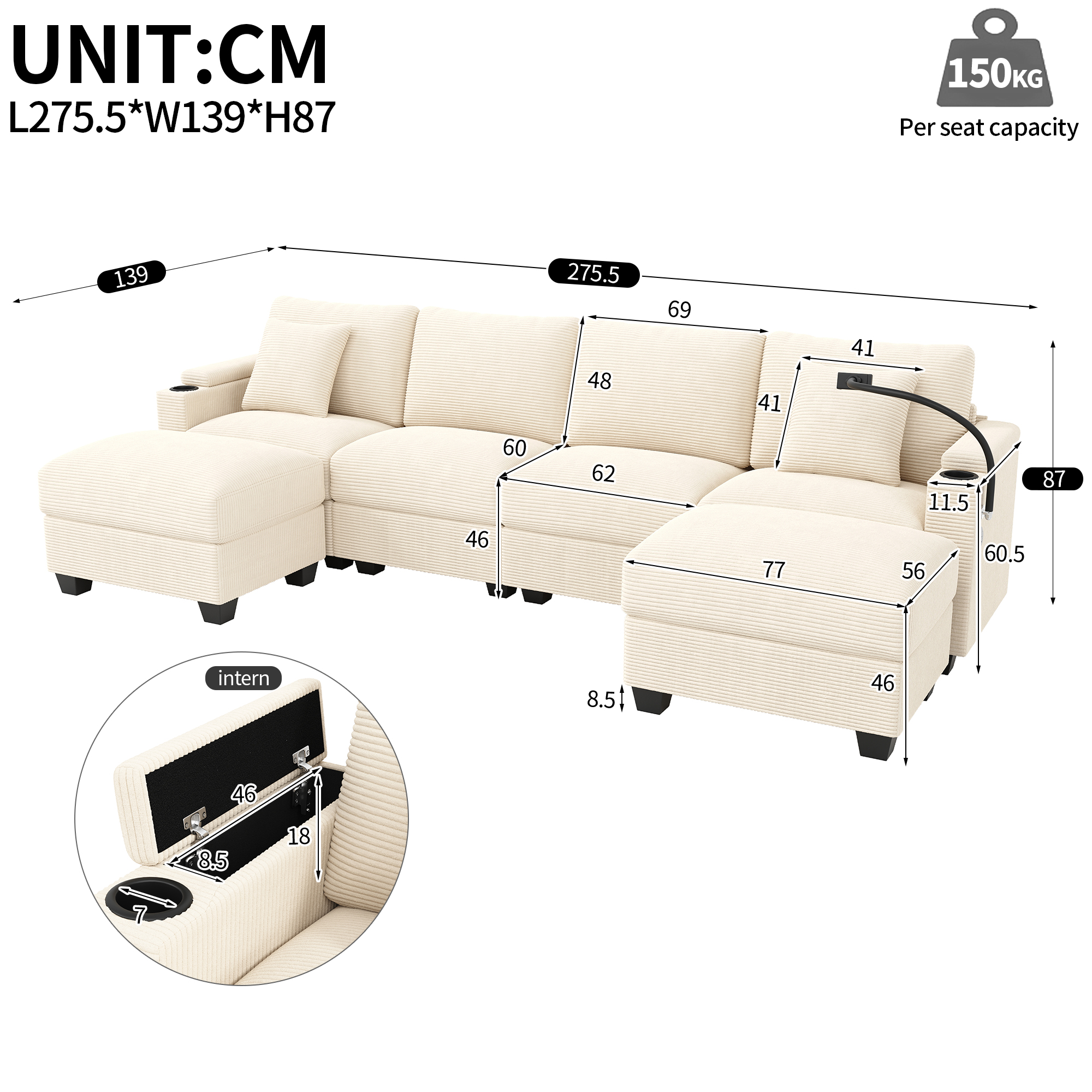 Dimensions canapé U 6 places beige