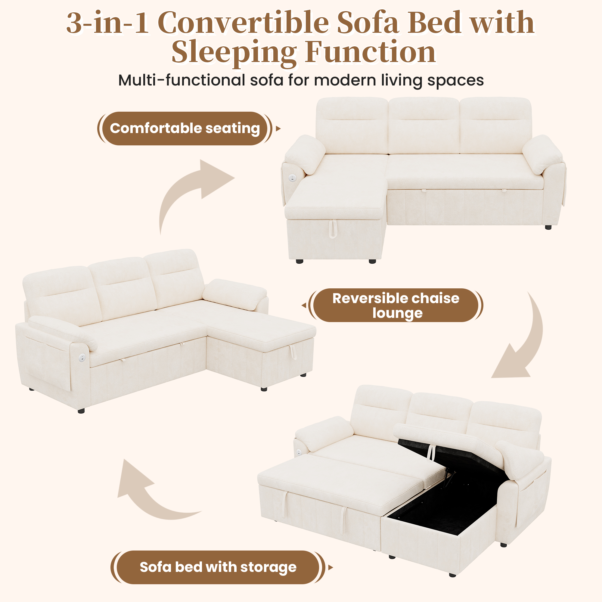 Canapé d’angle convertible en L 3 places en chenille avec méridienne réversible, rangement, USB/Type-C, Beige, 208 x 131 x 88 cm - points forts 1