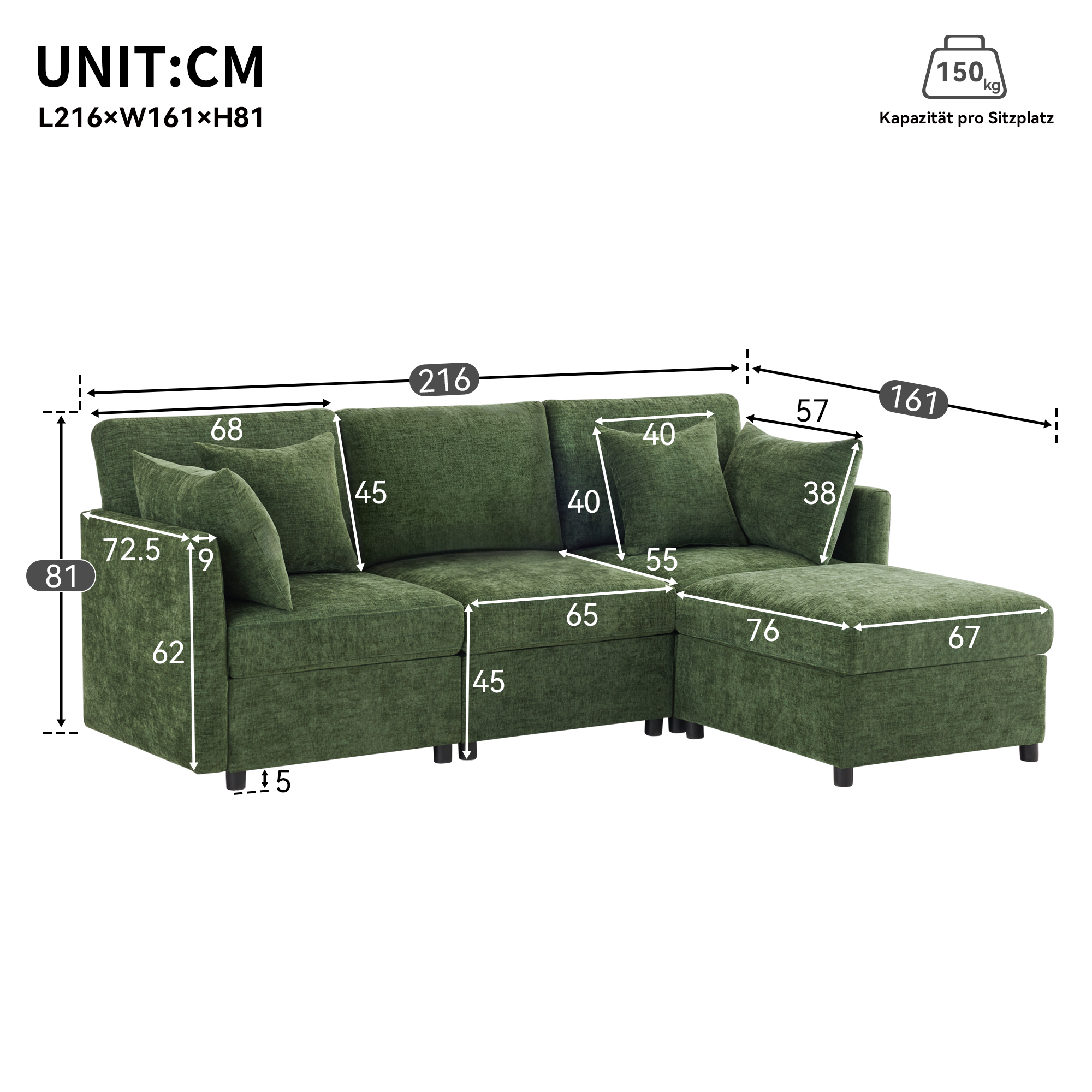 Canapé d'angle L modulable vert chenille