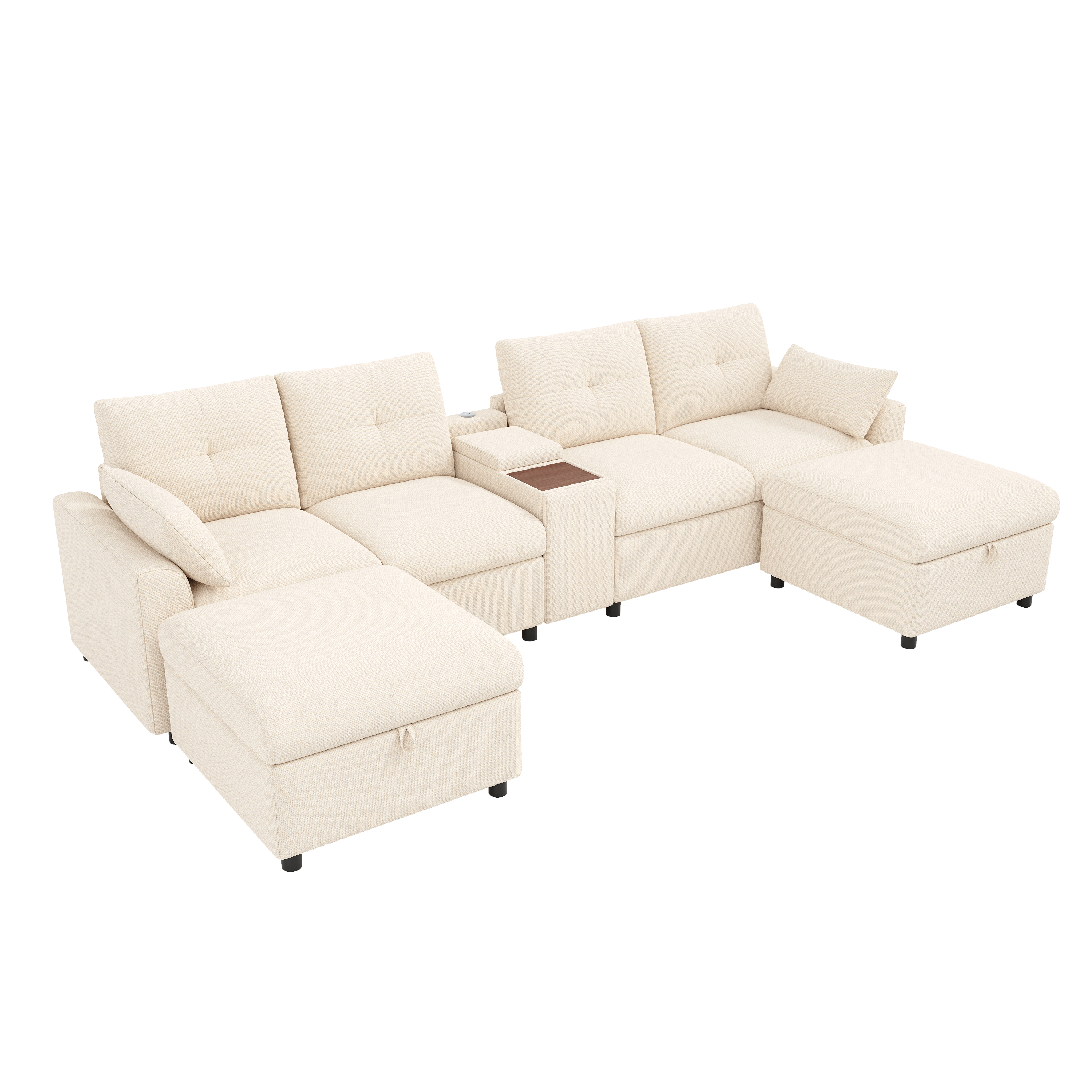 Canapé modulable 6 places en chenille U/L avec 2 poufss coffre, console, USB/Type-C et porte-gobelets, Beige, 316 x 140 x 84,5 cm - présentation 1