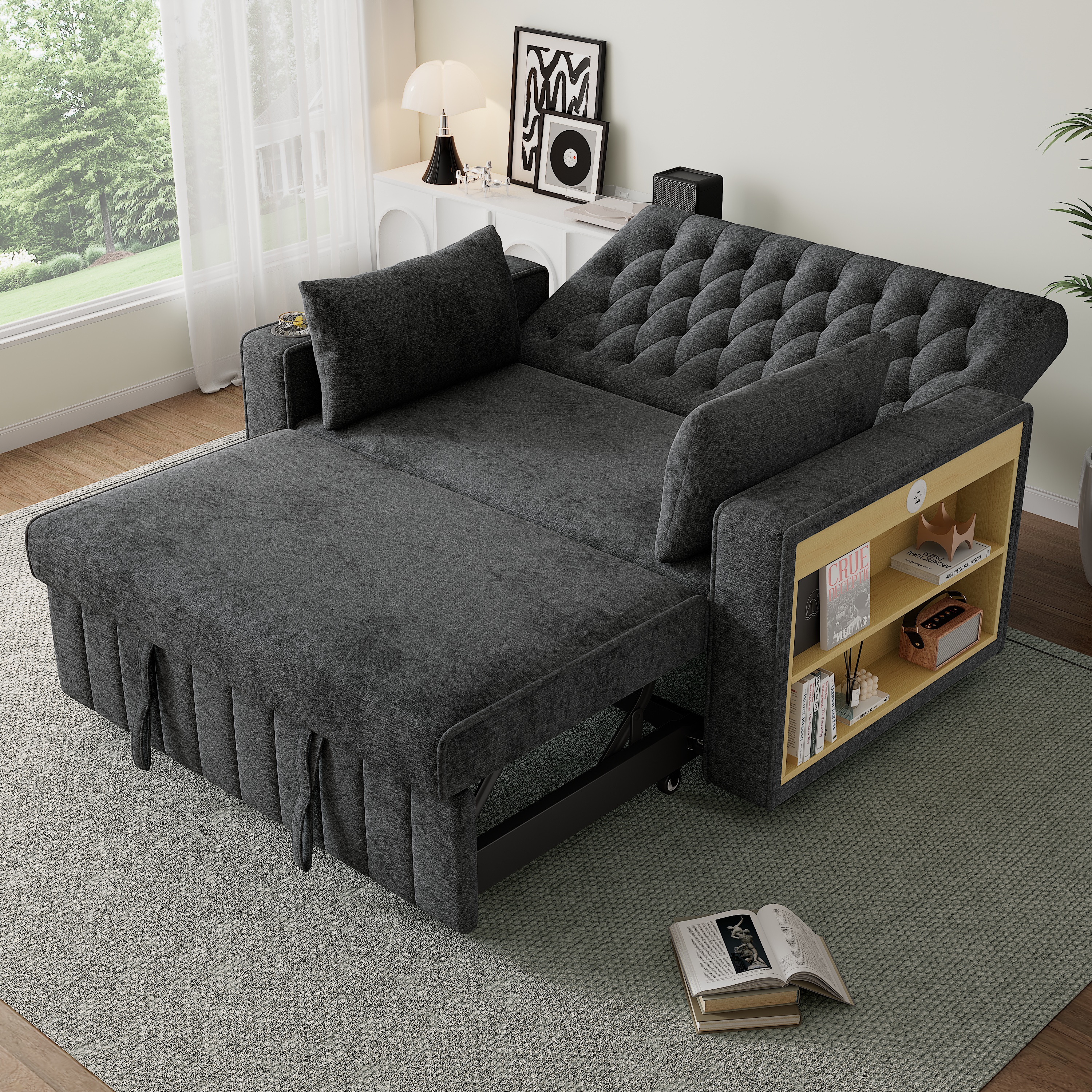 Canapé convertible / canapé-lit 2 places 140 x 137 x 84 cm avec rangement, chenille, Gris - présentation 1