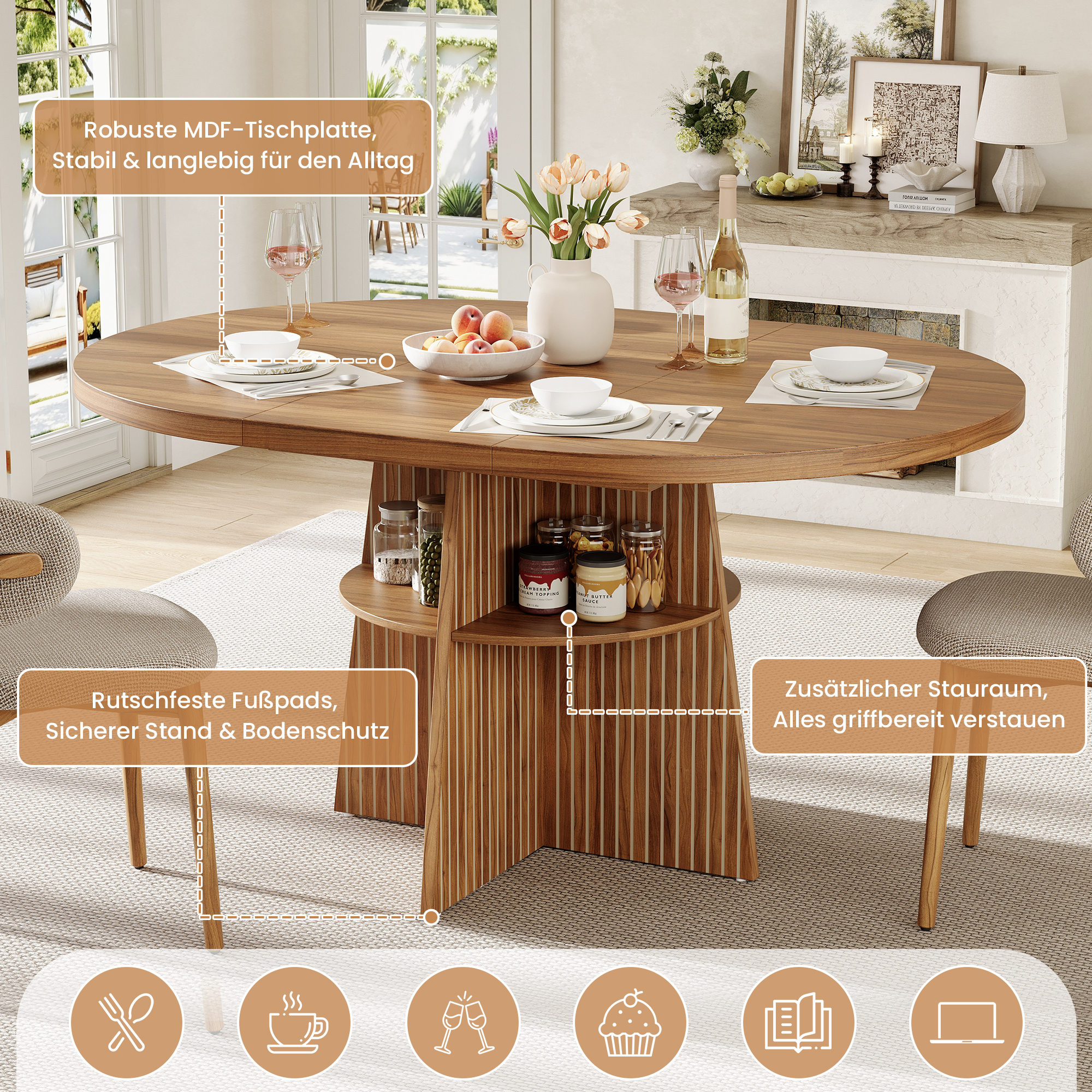 Détails de la table ronde extensible avec tablette de rangement