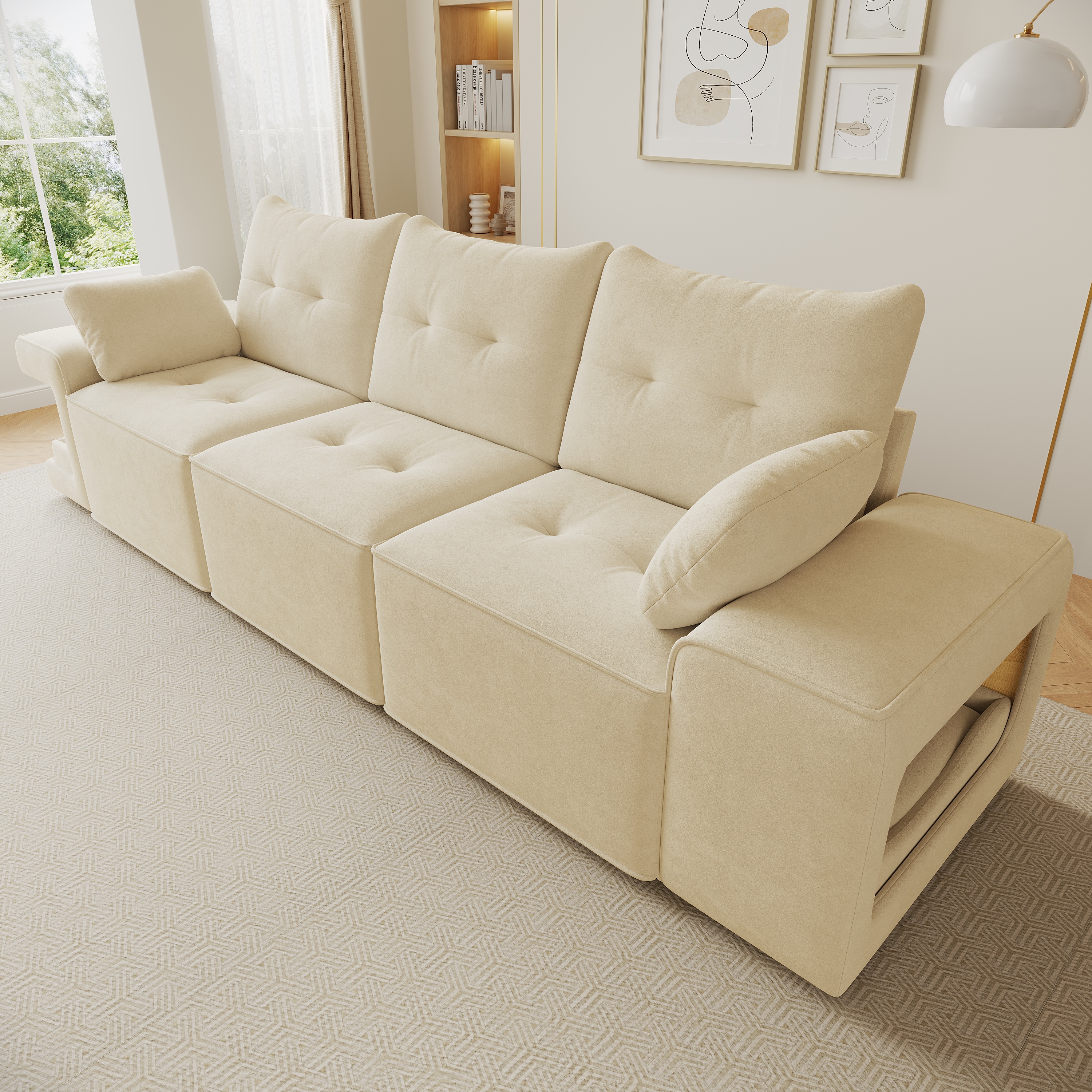 Canapé 3 places nuage beige velours espace animalier rangement