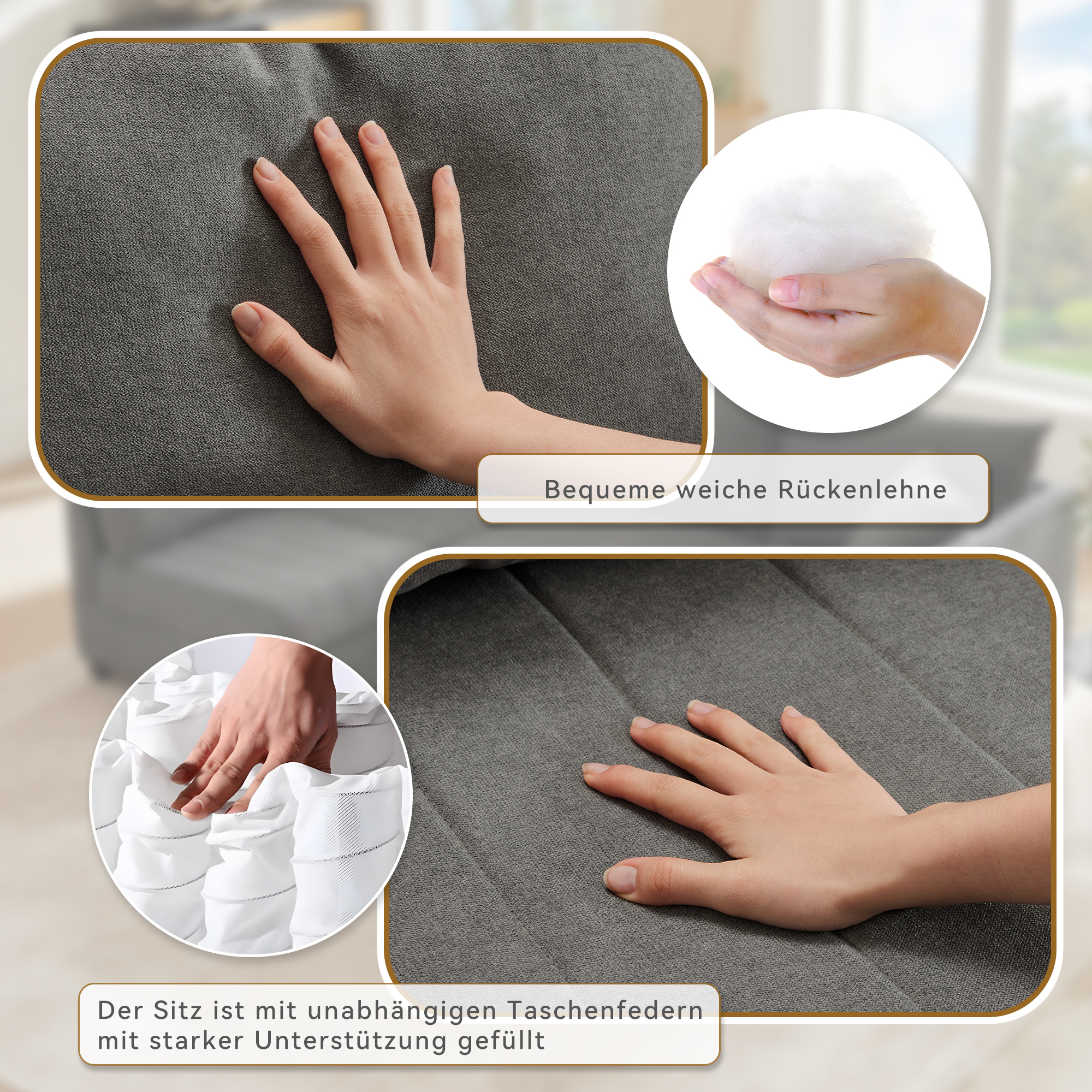 Détail confort dossier canapé gris