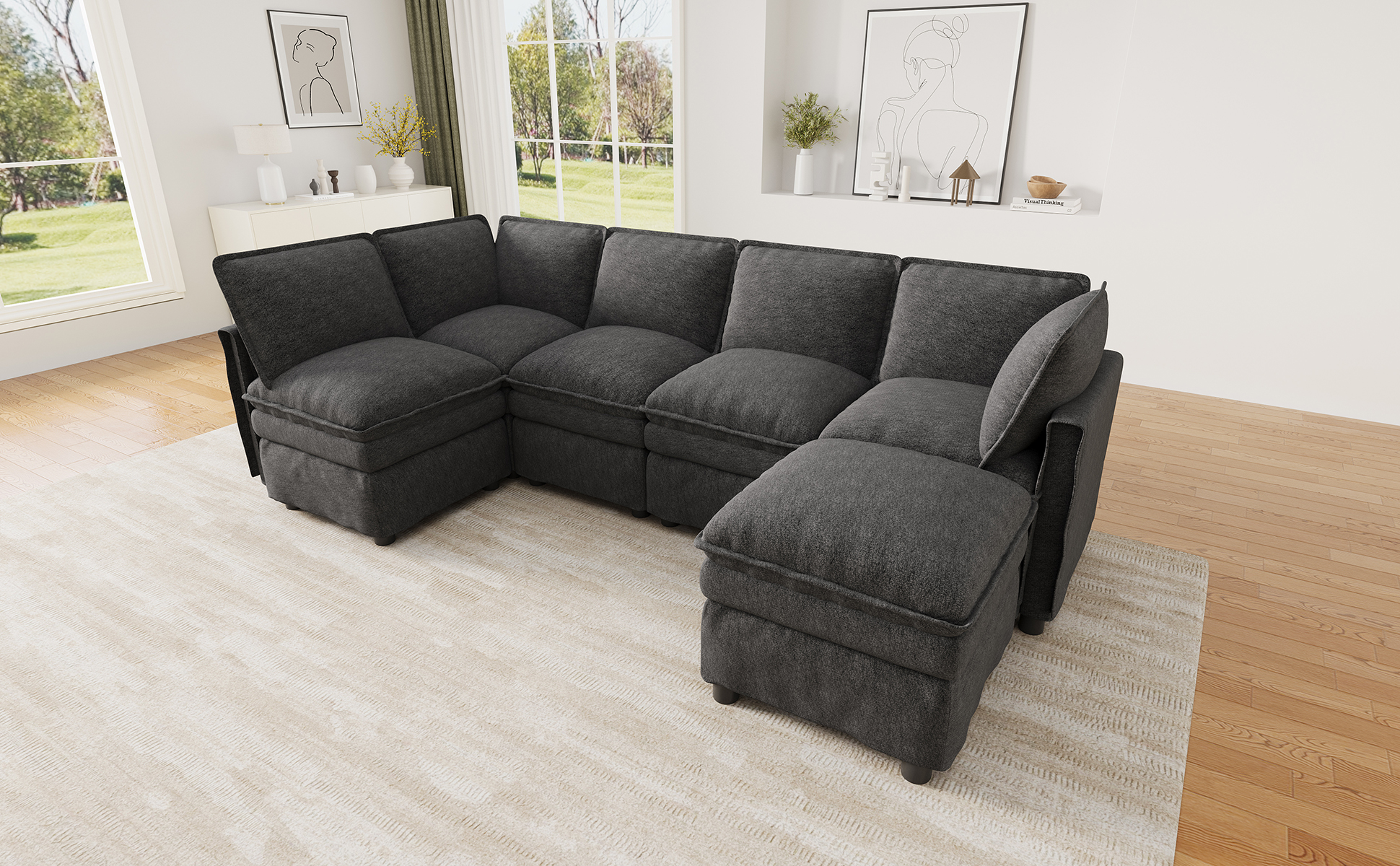Détails du canapé modulable avec pouf et coussins rembourrés