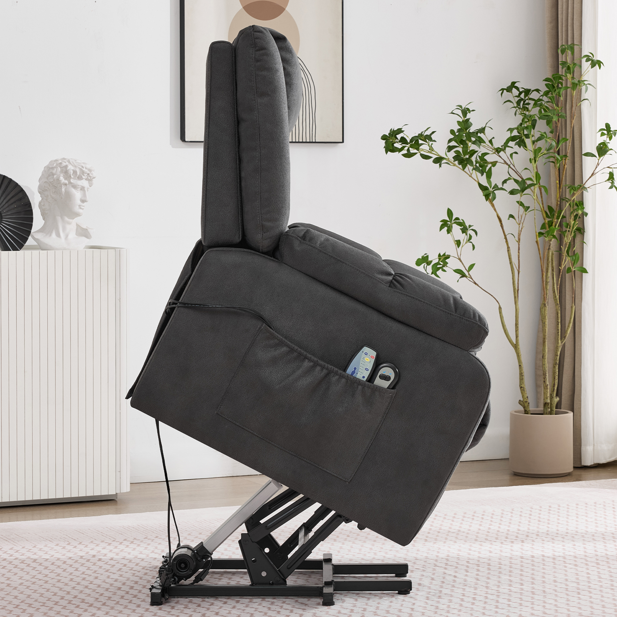 Fauteuil releveur électrique 1 place 87 x 96 x 103 cm, avec massage, chauffage, repose-pieds, porte-gobelet, port USB et poches latérales, tissu, gris foncé - vue principale 1