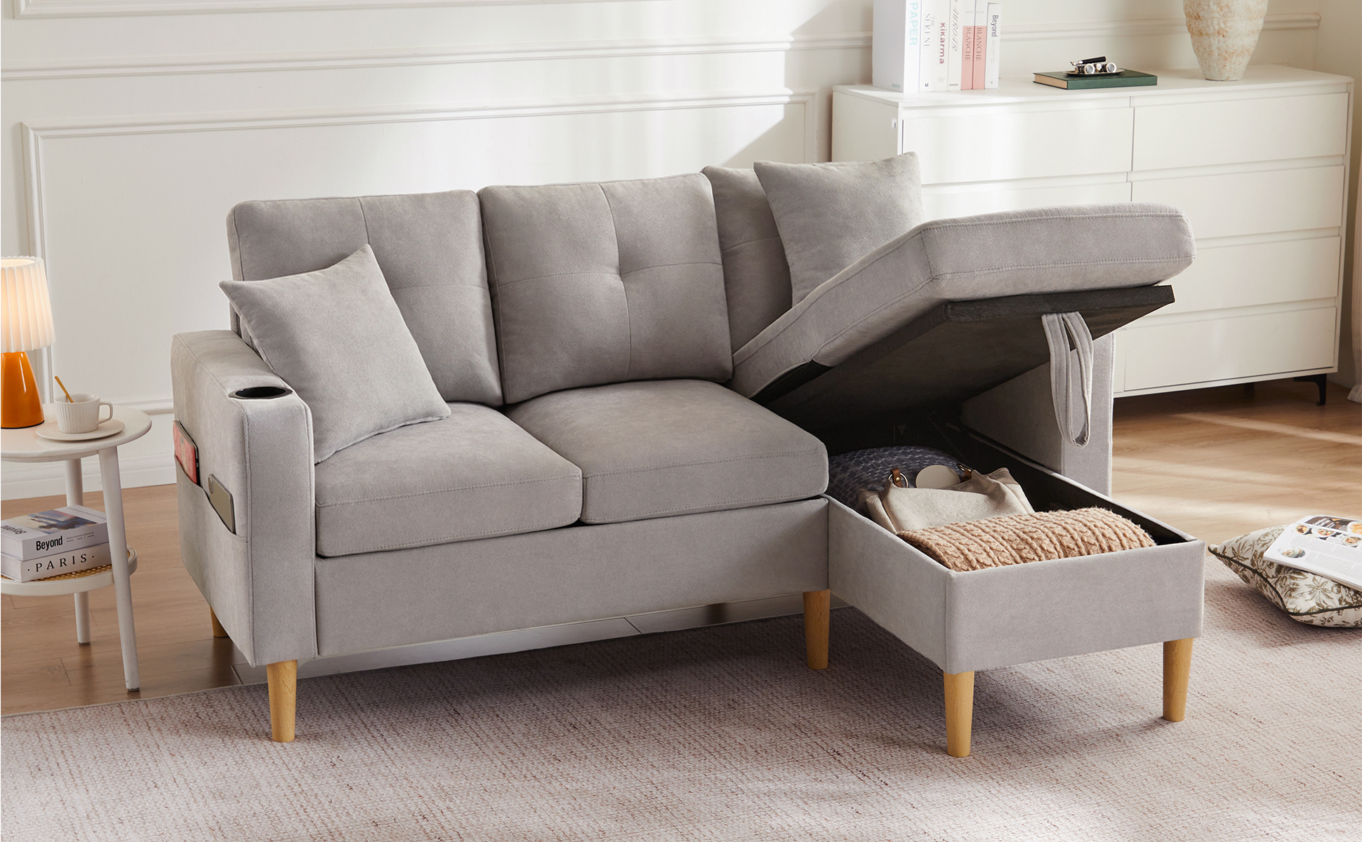 Canapé chaise longue L coton-lin rangement caché confortable 3 personnes