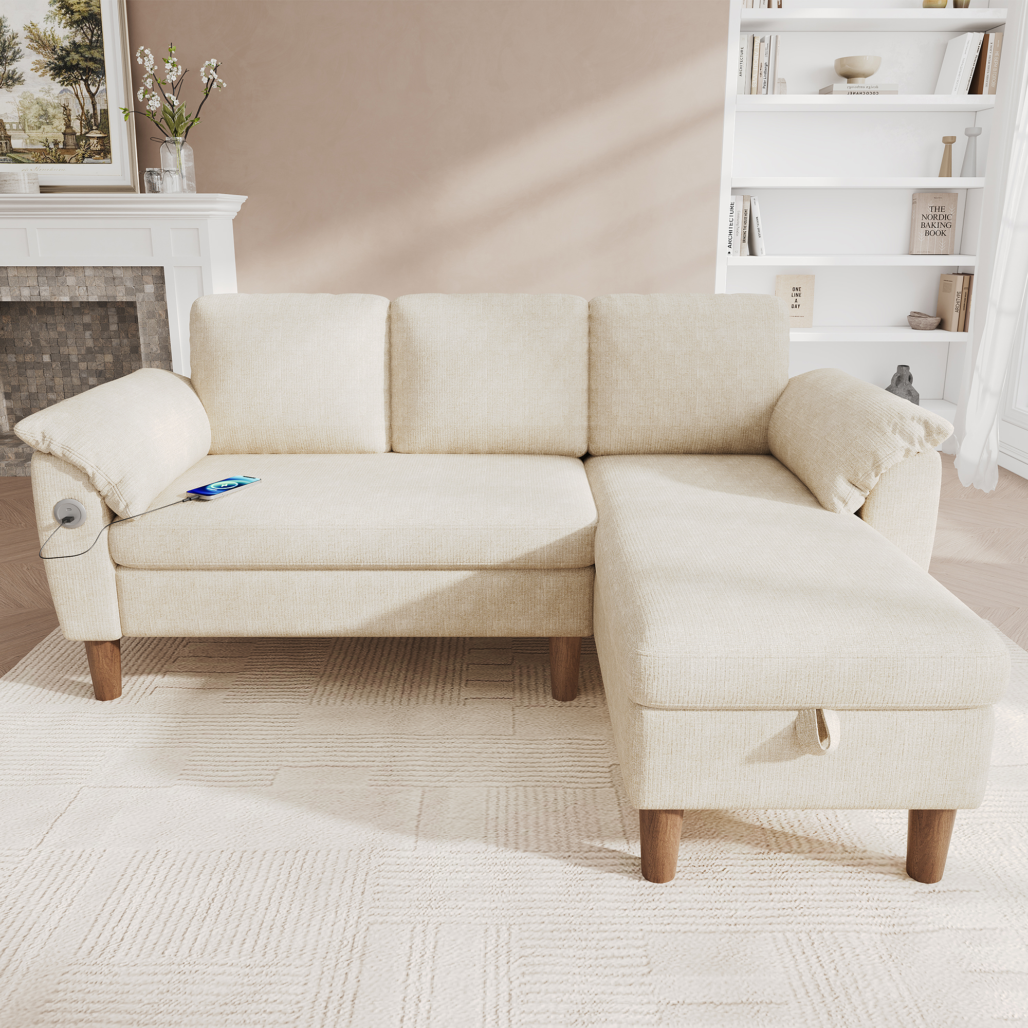Canapé d’angle en L 3 places 181 x 125 x 88 cm, avec coffre de rangement, modulable, avec USB/Type-C, en chenille, Beige - vue principale