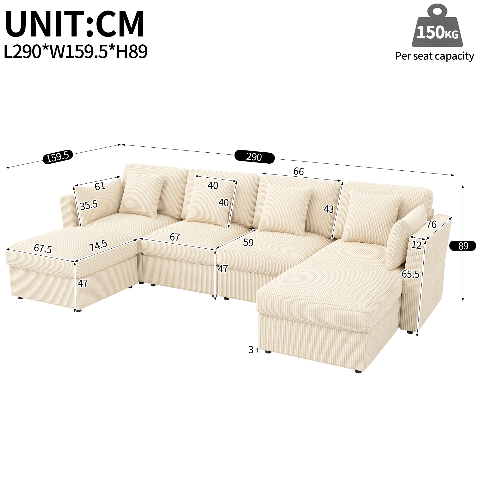 Dimensions canapé U 290x159.5x89 cm