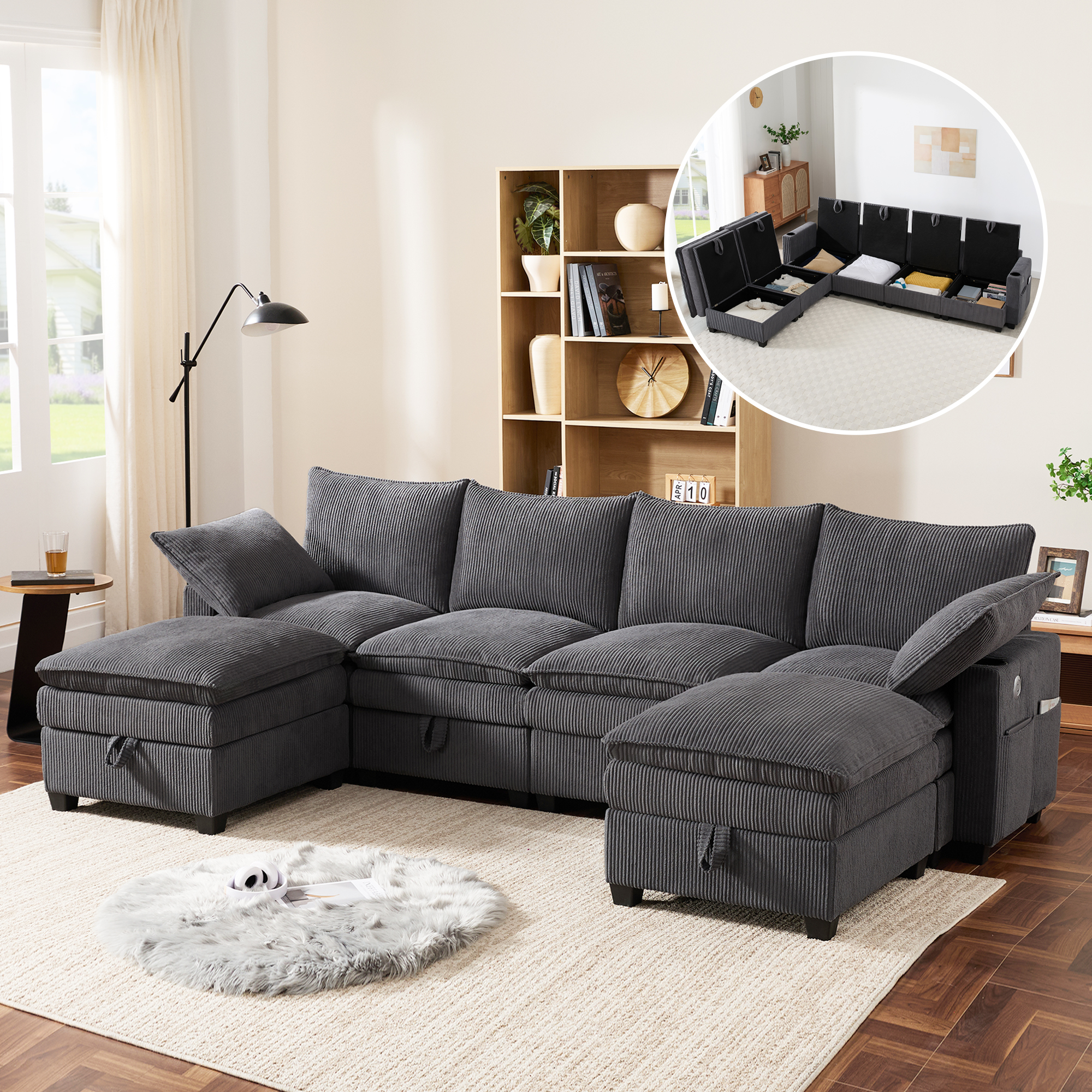 Modernes L-förmiges Sofa mit Cordbezug, Abnehmbare