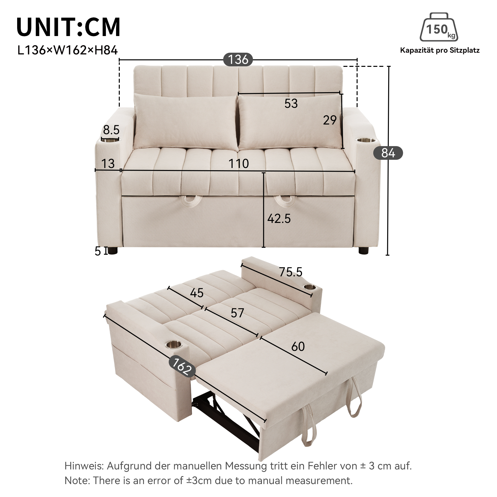 Dimensions canapé convertible 2 places