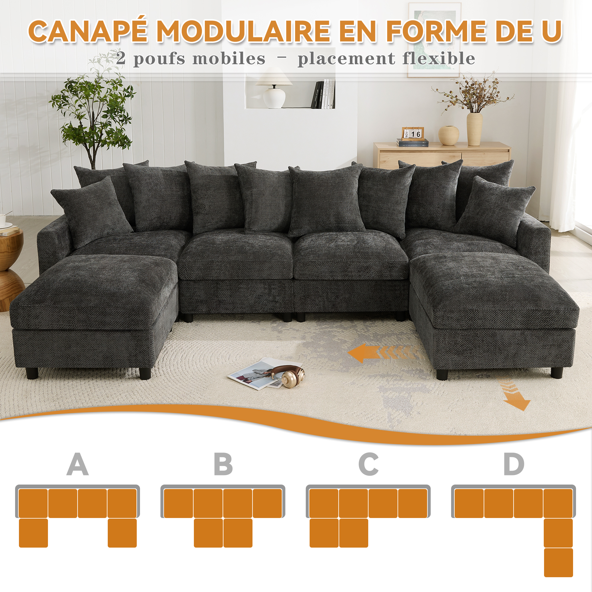 Canapé en U 6 places 283 x 153,5 x 78,5 cm, modulable, avec USB/Type-C, en chenille, Gris - vue complémentaire