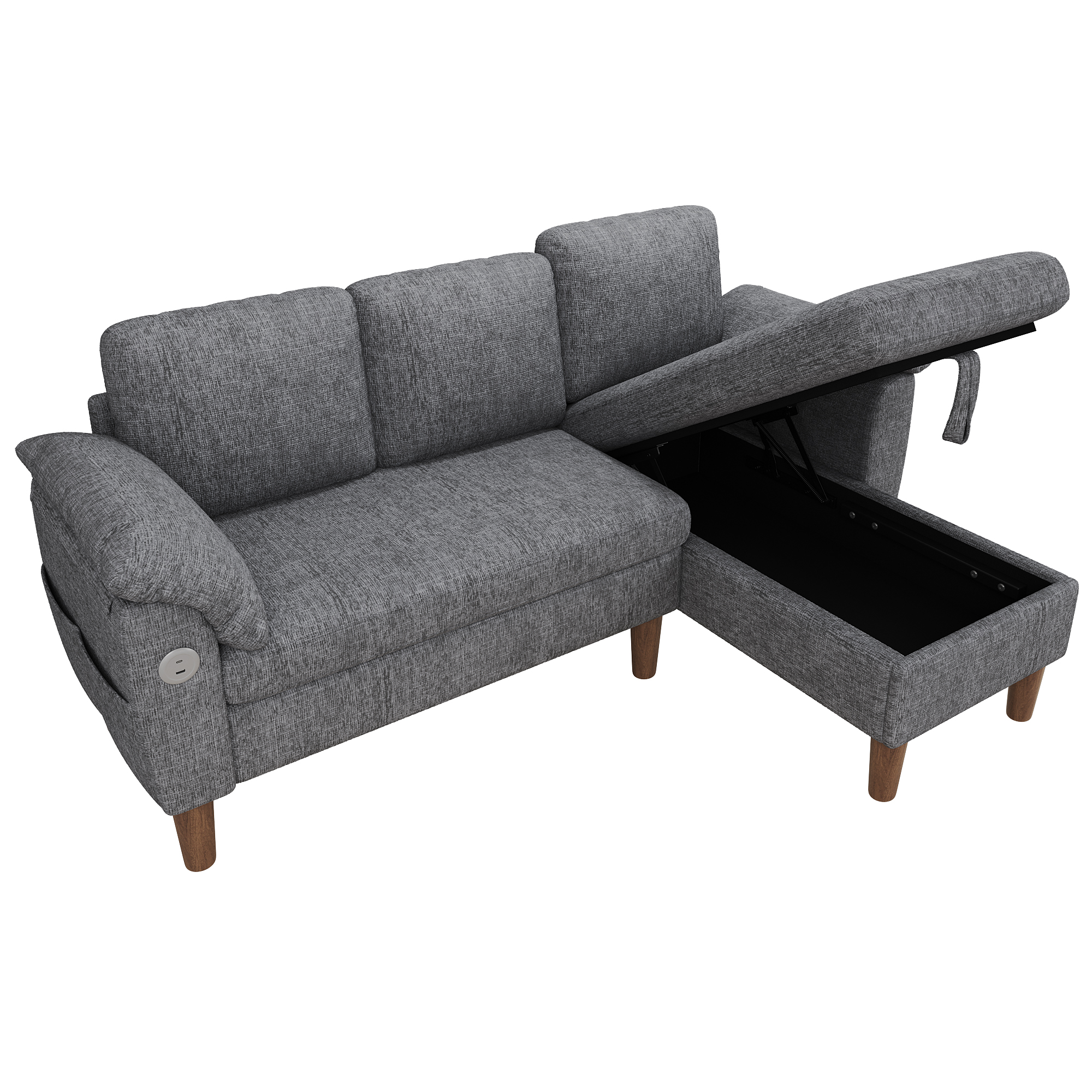 Canapé d’angle en L 3 places 181 x 125 x 88 cm, avec coffre de rangement, modulable, avec USB/Type-C, en chenille, Gris clair - détails