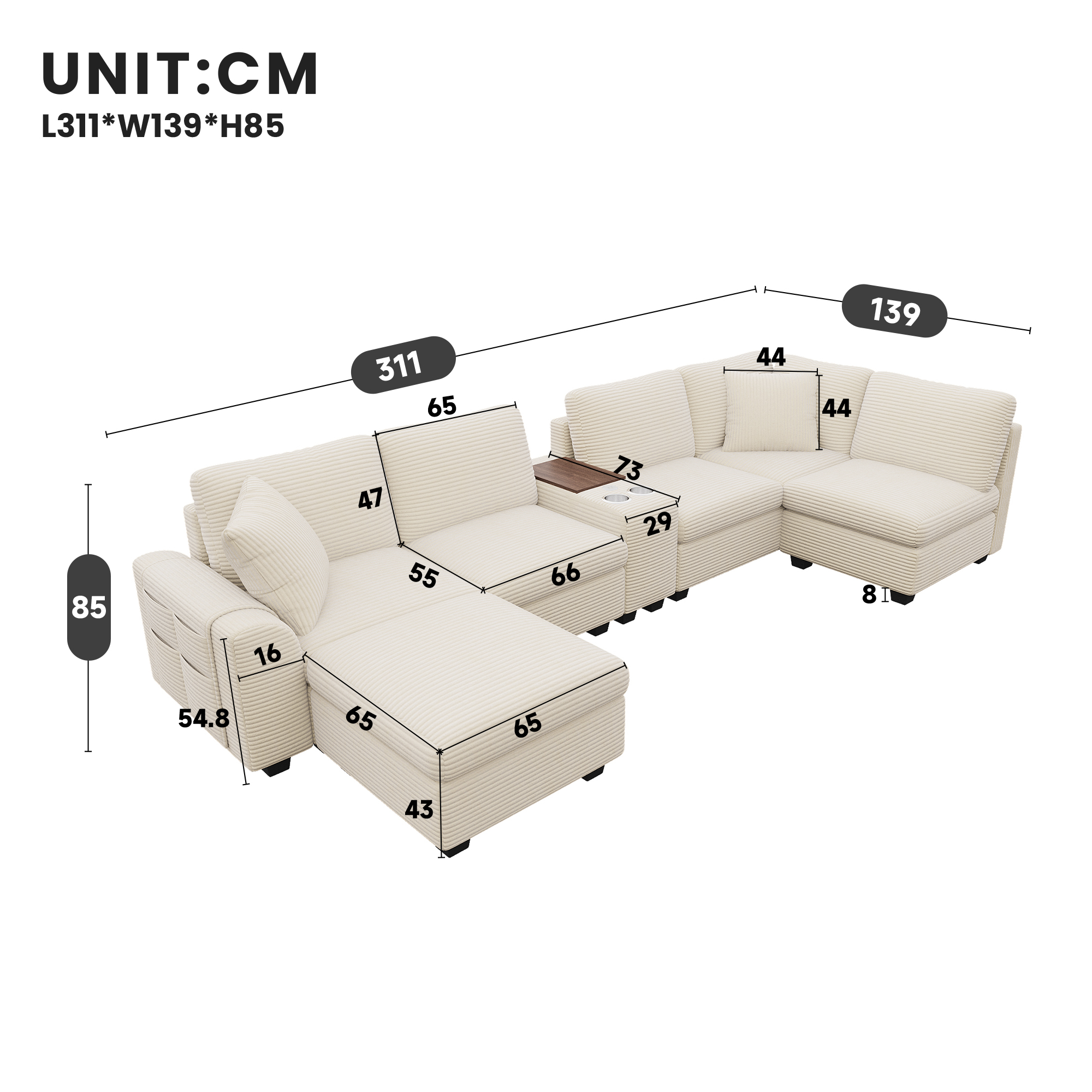 Canapé d’angle modulable 6 places 311 x 139 x 85 cm canapé en L avec méridienne, avec rangement, velours côtelé, Beige - vue complémentaire 1