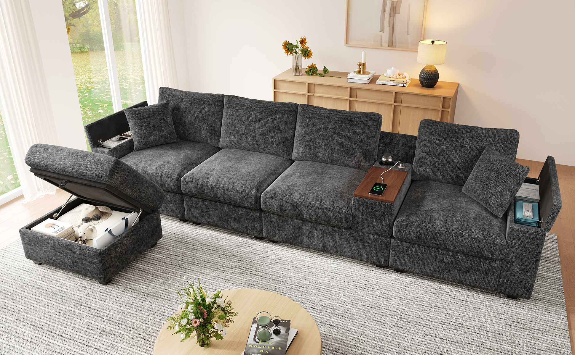 Canapé modulable gris 5 à 6 places en chenille avec table pivotante et rangements