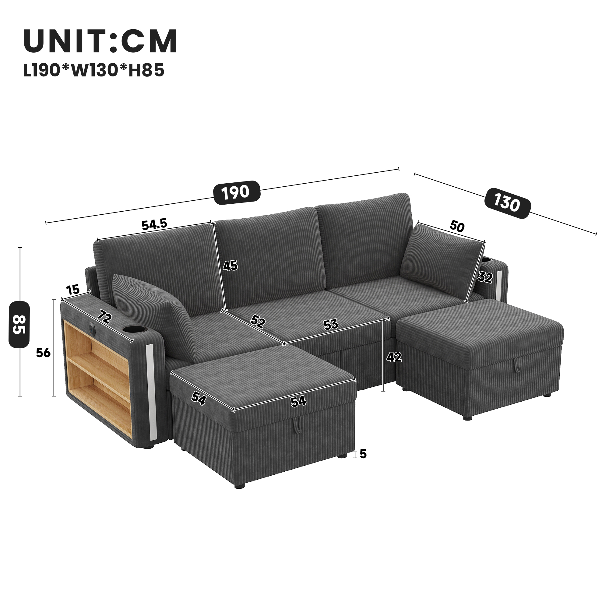 Canapé d’angle modulable 5 places 190 x 130 x 85 cm canapé en L avec méridienne, avec pouf, avec rangement, velours côtelé, Gris - vue complémentaire 1