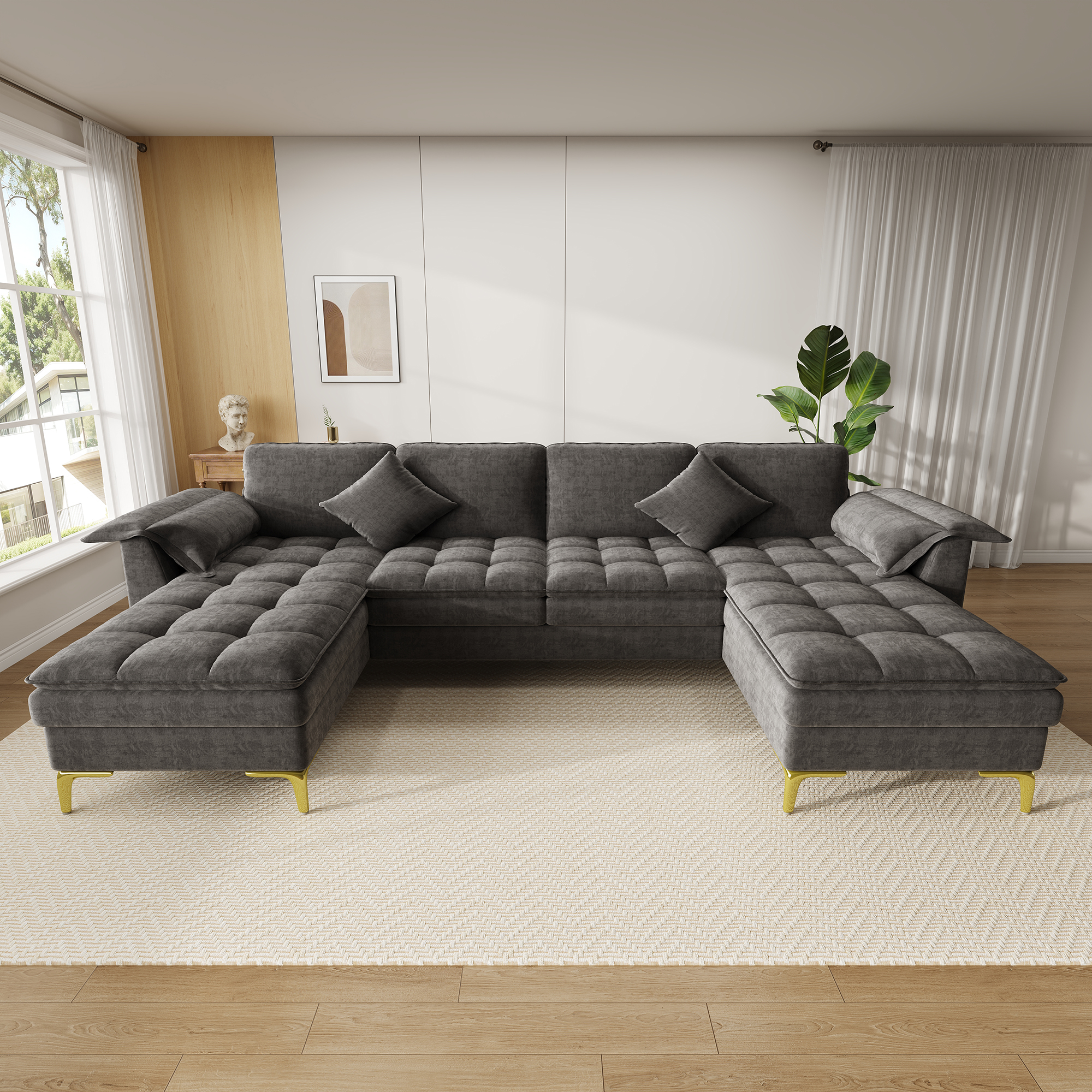 Canapé d’angle en U 4 places en chenille avec 2 méridiennes, 2 coussins et pieds métal doré, Gris, 262 x 134 x 86 cm - vue principale 1