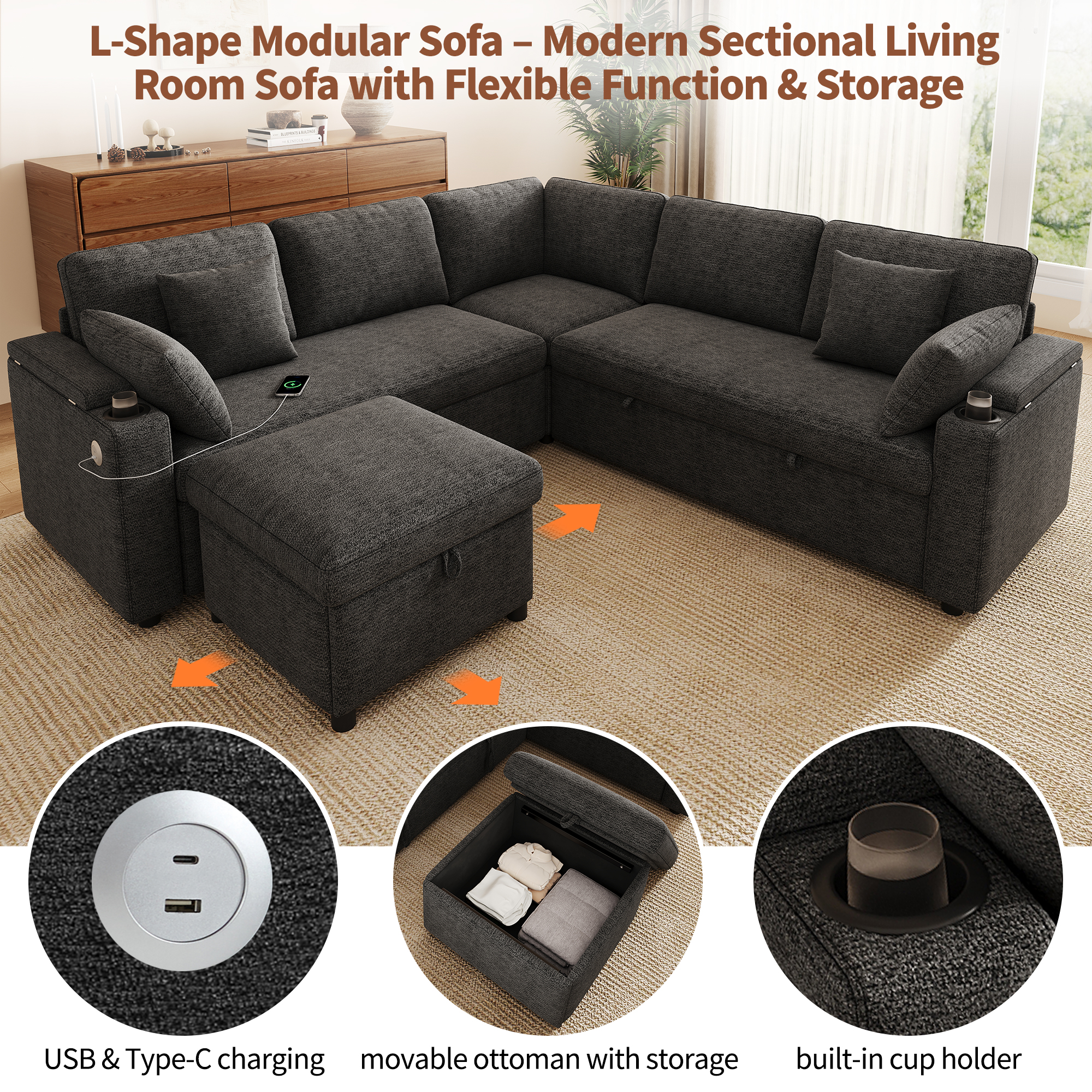 Canapé d’angle convertible 6 places en chenille avec pouf coffre, USB/Type-C, porte-gobelets, Gris, 204 x 204 x 83 cm - points forts 1
