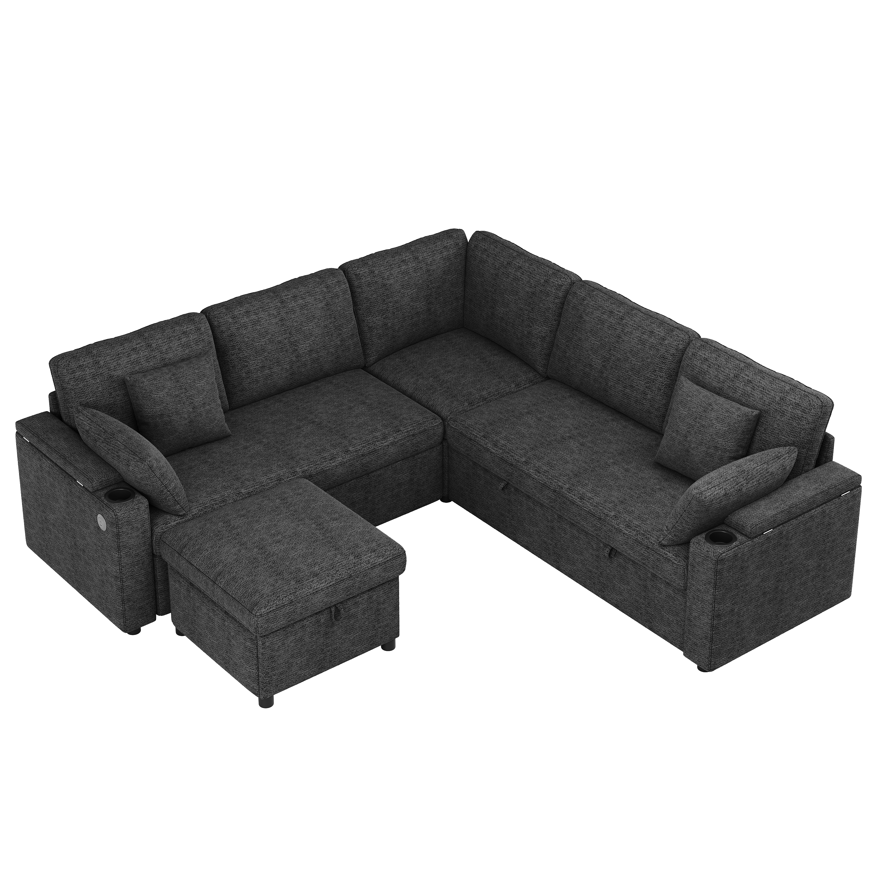 Canapé d’angle convertible 6 places en chenille avec pouf coffre, USB/Type-C, porte-gobelets, Gris, 204 x 204 x 83 cm - présentation 1