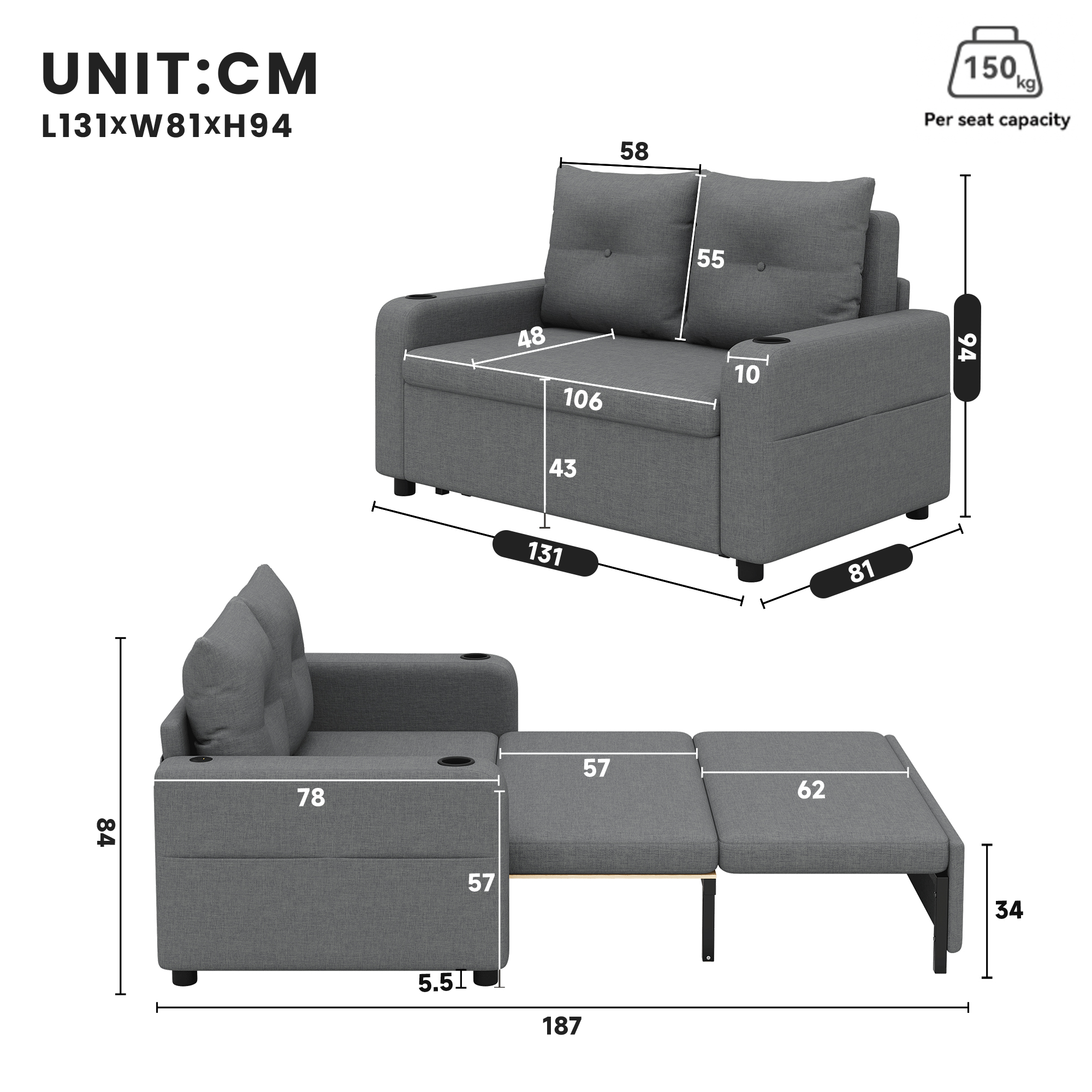 Canapé 2 places convertible gris coton lin