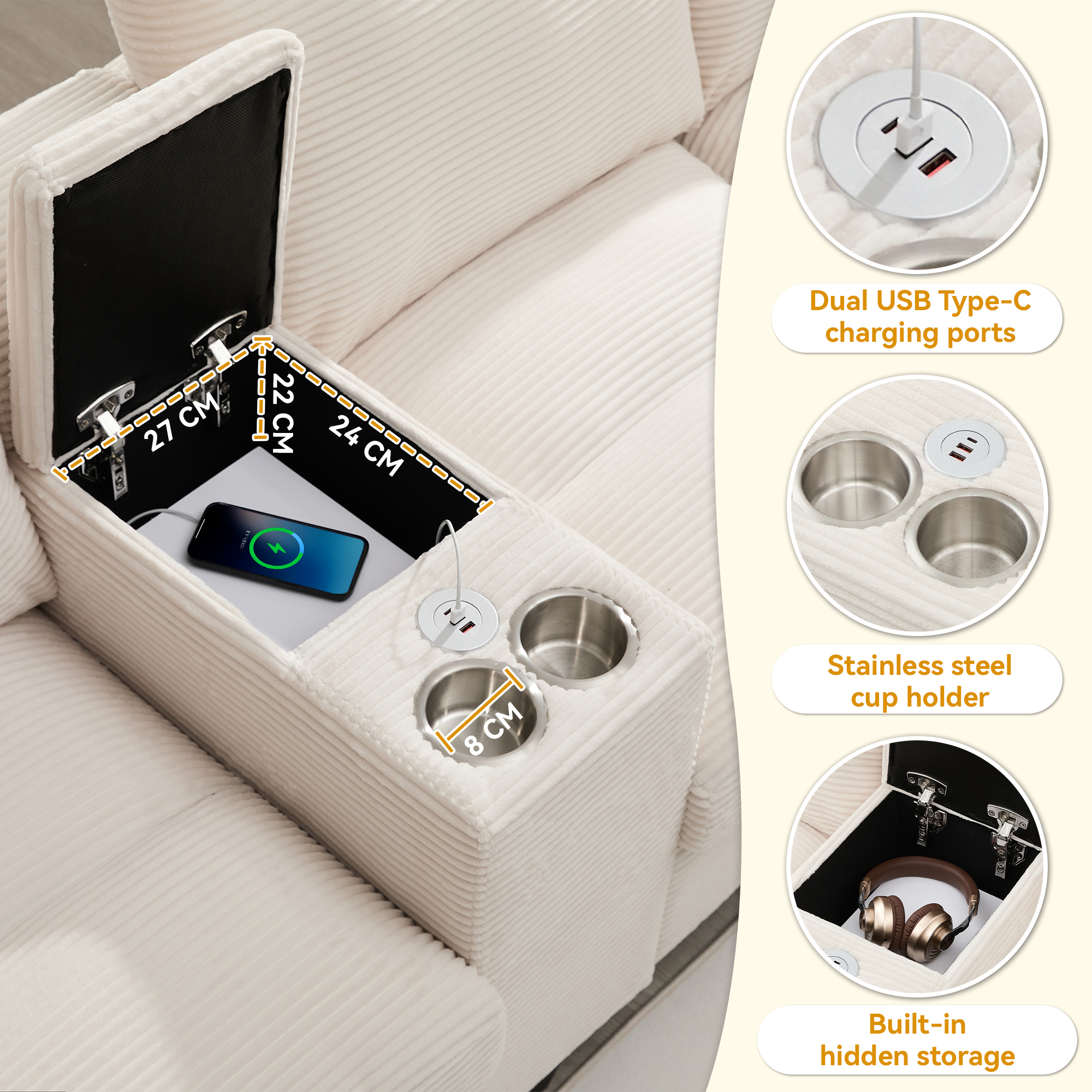 Détail USB et rangement canapé U