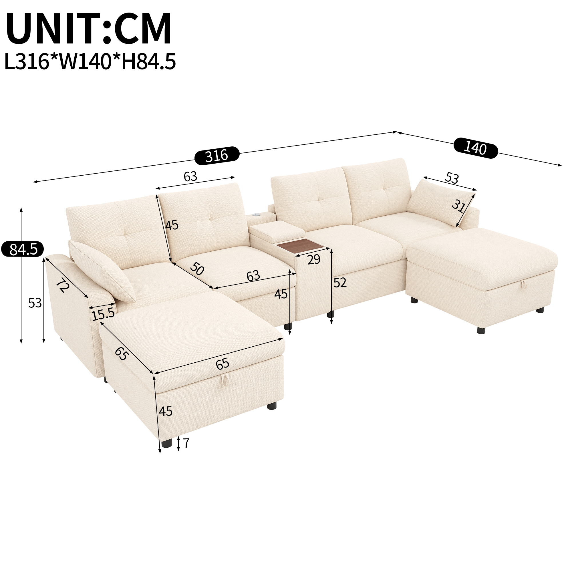 Canapé modulable 6 places en chenille U/L avec 2 poufss coffre, console, USB/Type-C et porte-gobelets, Beige, 316 x 140 x 84,5 cm - vue complémentaire 1