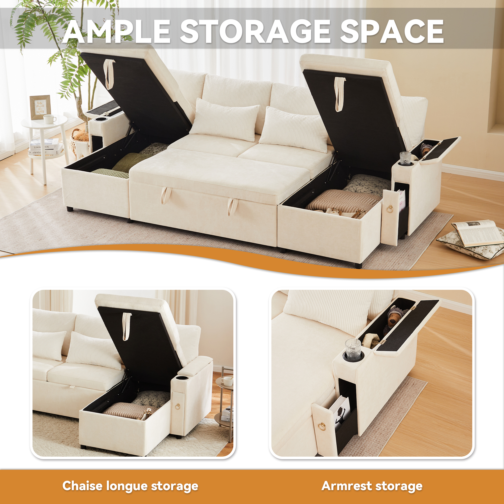 Canapé convertible U beige