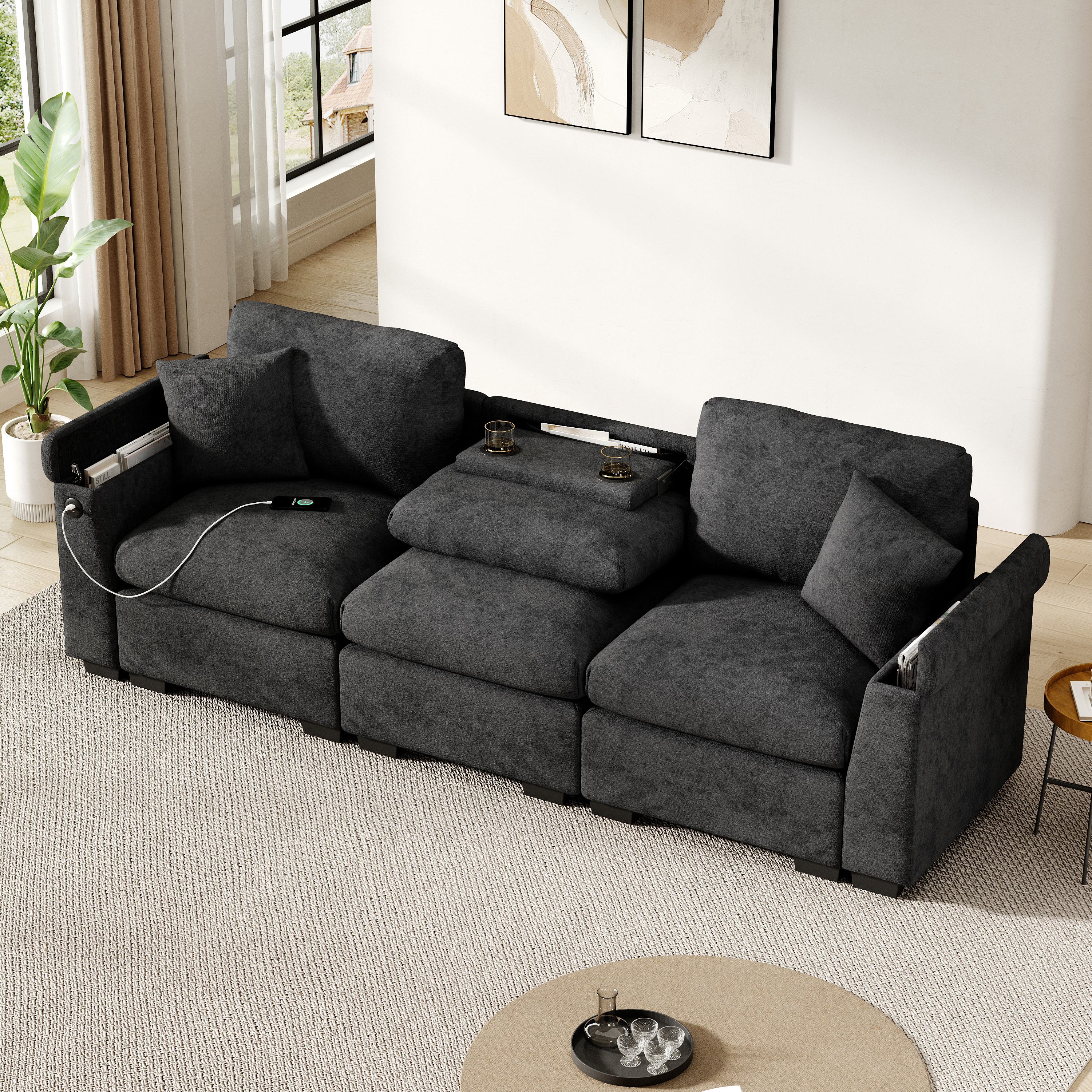 Modernes Dreisitzer-Sofa aus Chenille, Stoffsofa m