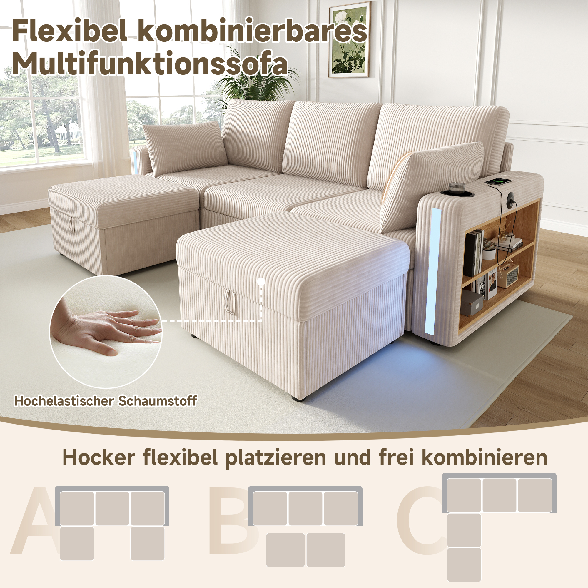Canapé d’angle modulable 5 places 190 x 130 x 85 cm canapé en L avec méridienne, avec pouf, avec rangement, velours côtelé, Beige - spécifications 1