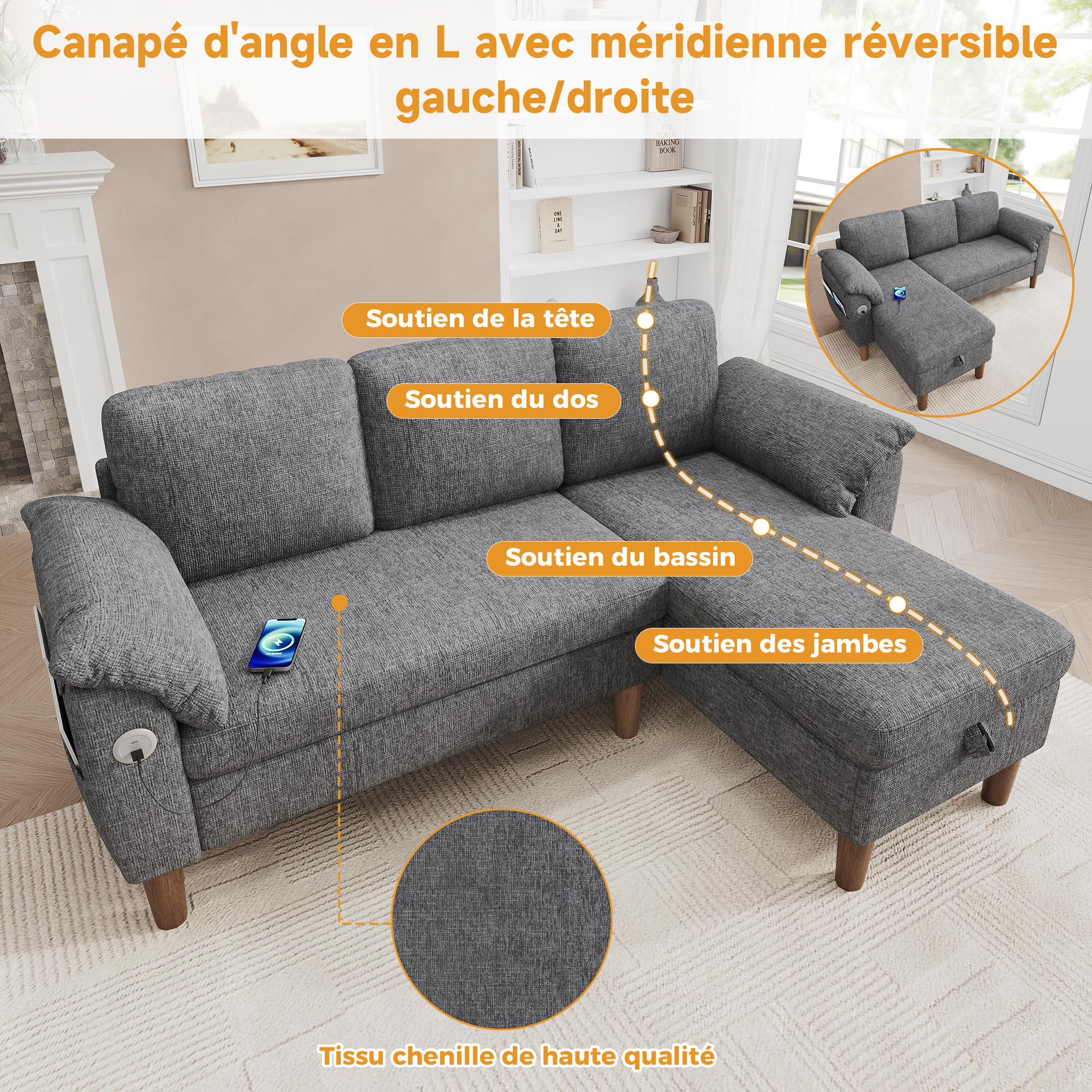 Canapé d’angle en L 3 places 181 x 125 x 88 cm, avec coffre de rangement, modulable, avec USB/Type-C, en chenille, Gris clair - dimensions et spécifications