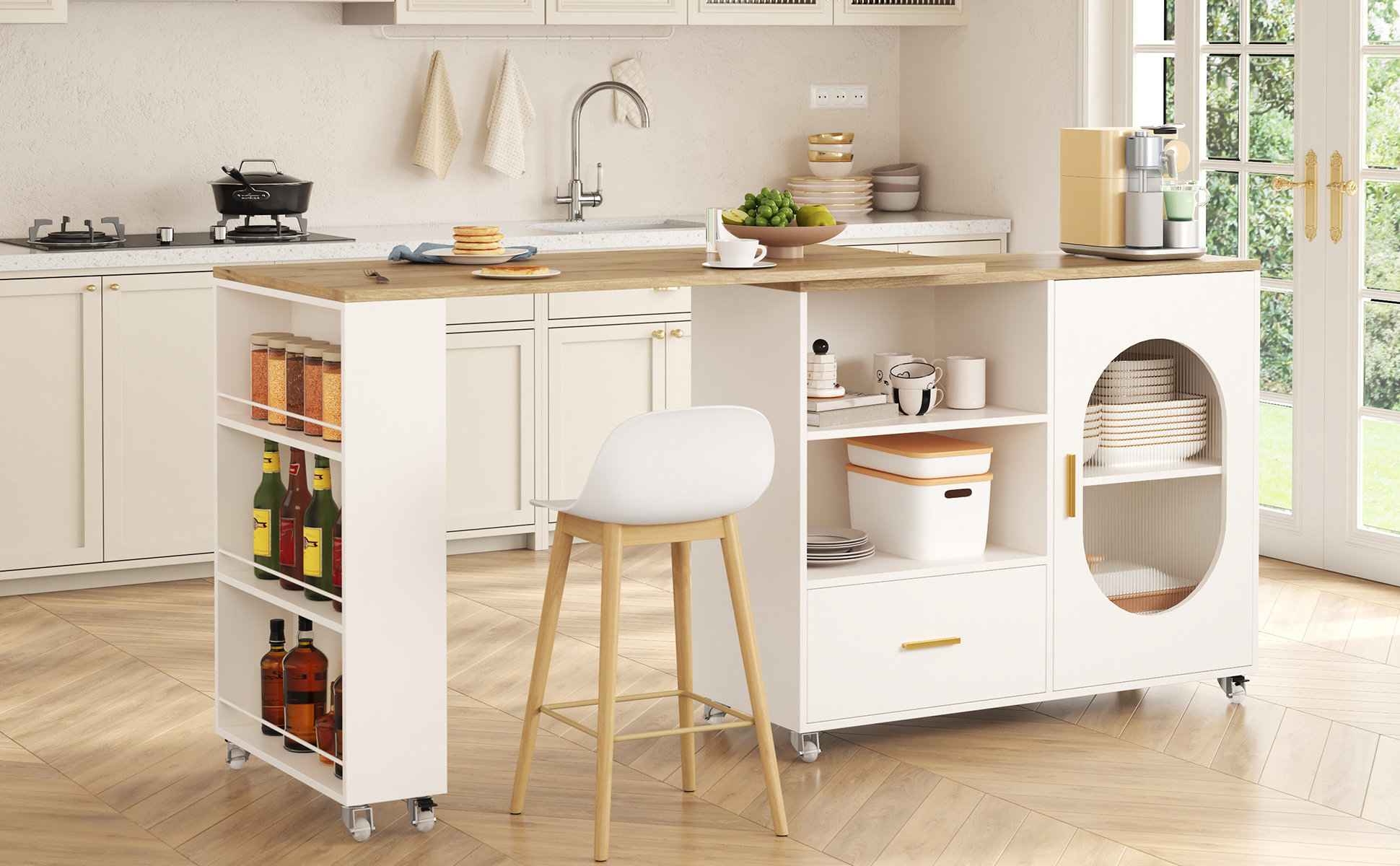 Îlot de cuisine mobile extensible naturel blanc