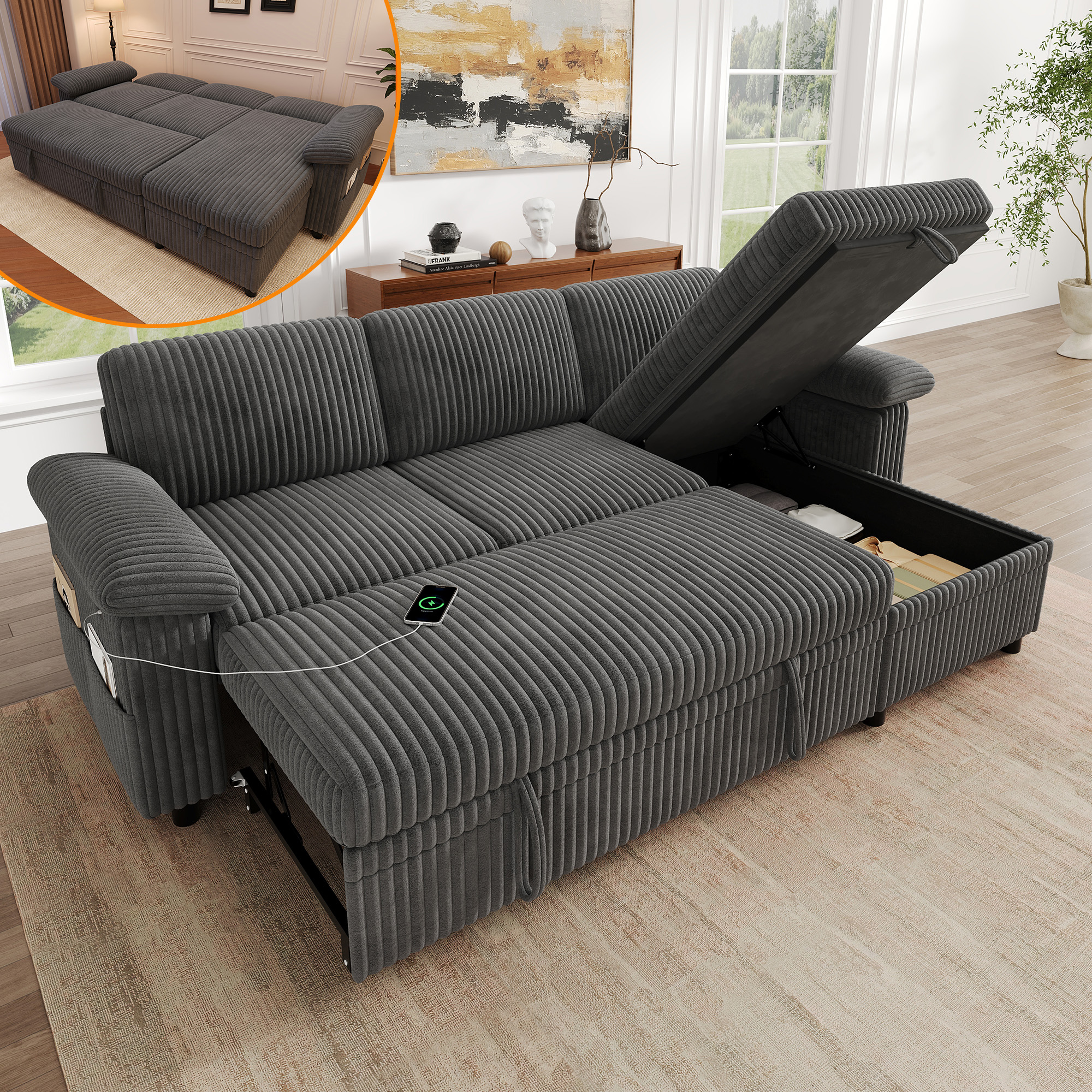 Canapé d’angle convertible gris avec méridienne réversible et rangement