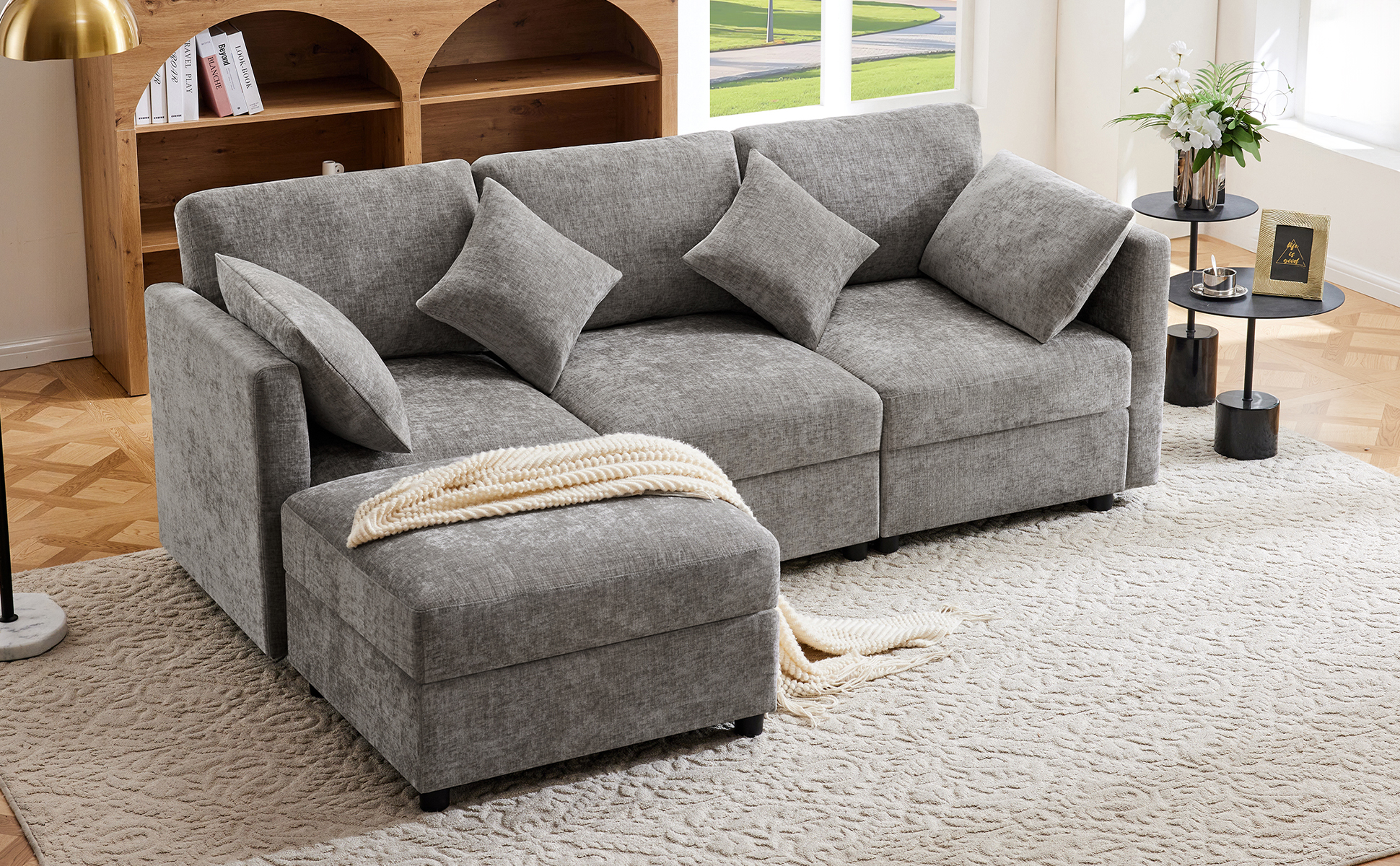 Canapé d’angle en L avec pouf et accoudoirs réglables