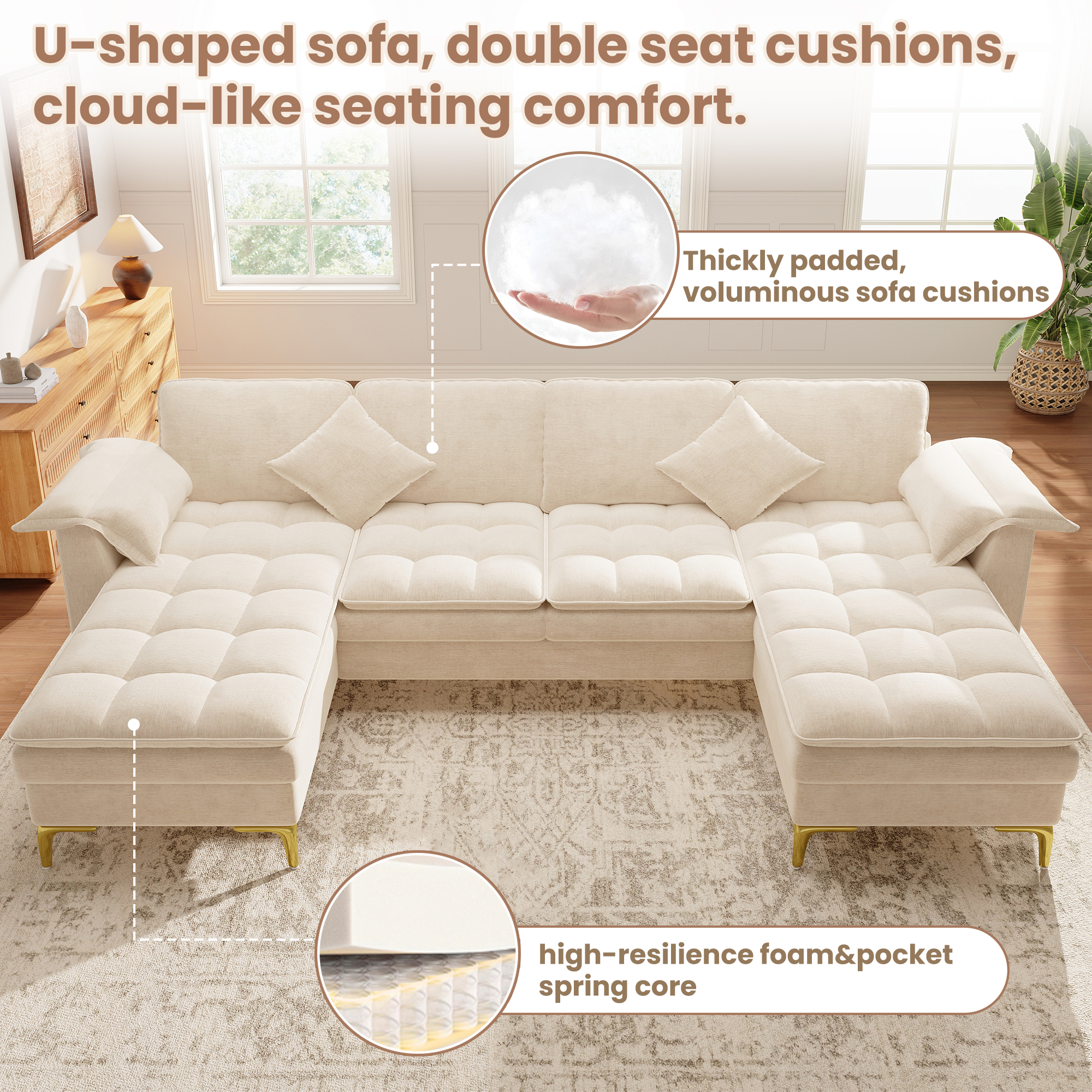 Canapé d’angle en U 4 places en chenille avec 2 méridiennes, 2 coussins et pieds métal doré, Beige, 262 x 134 x 86 cm - points forts 1