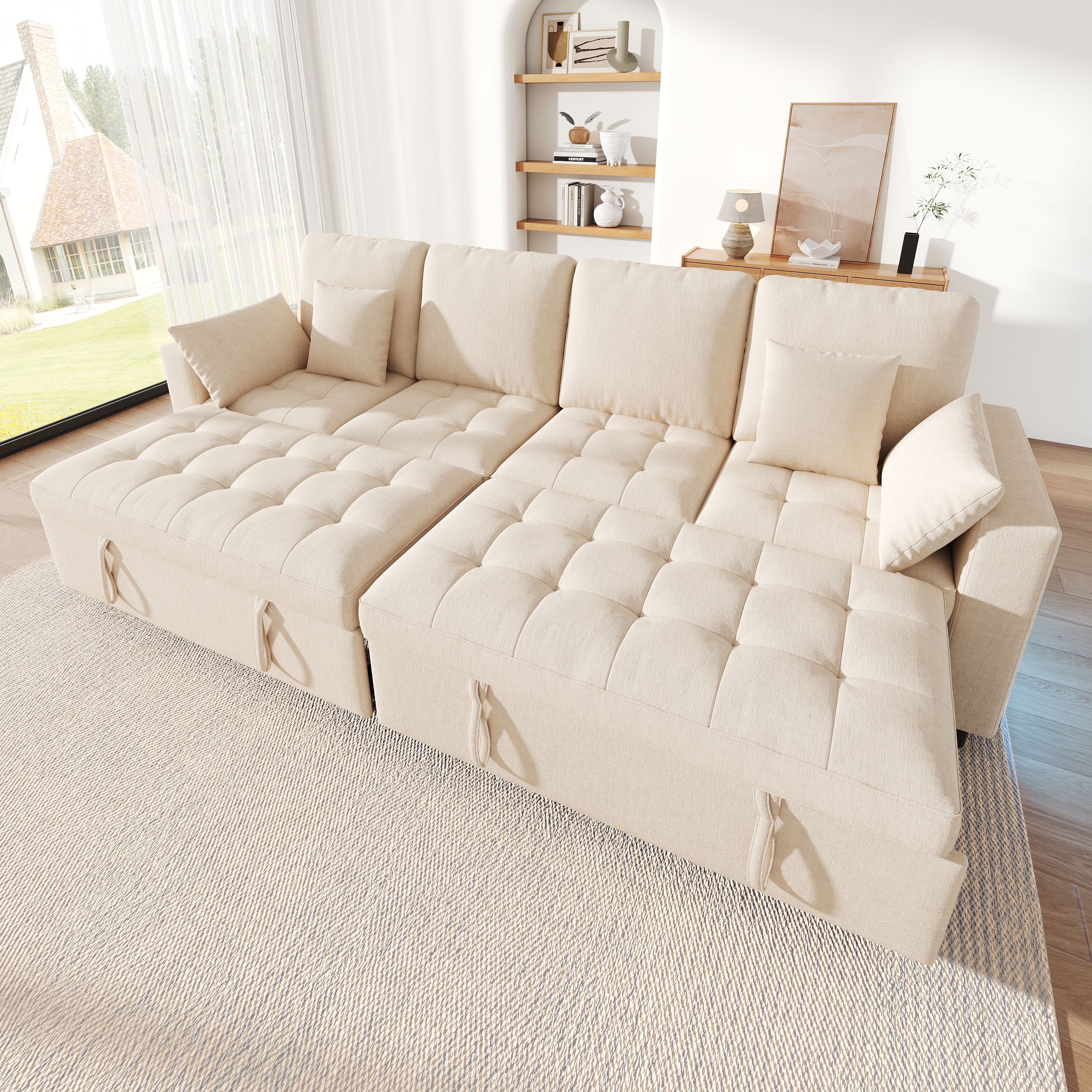Canapé d'angle convertible beige en chenille