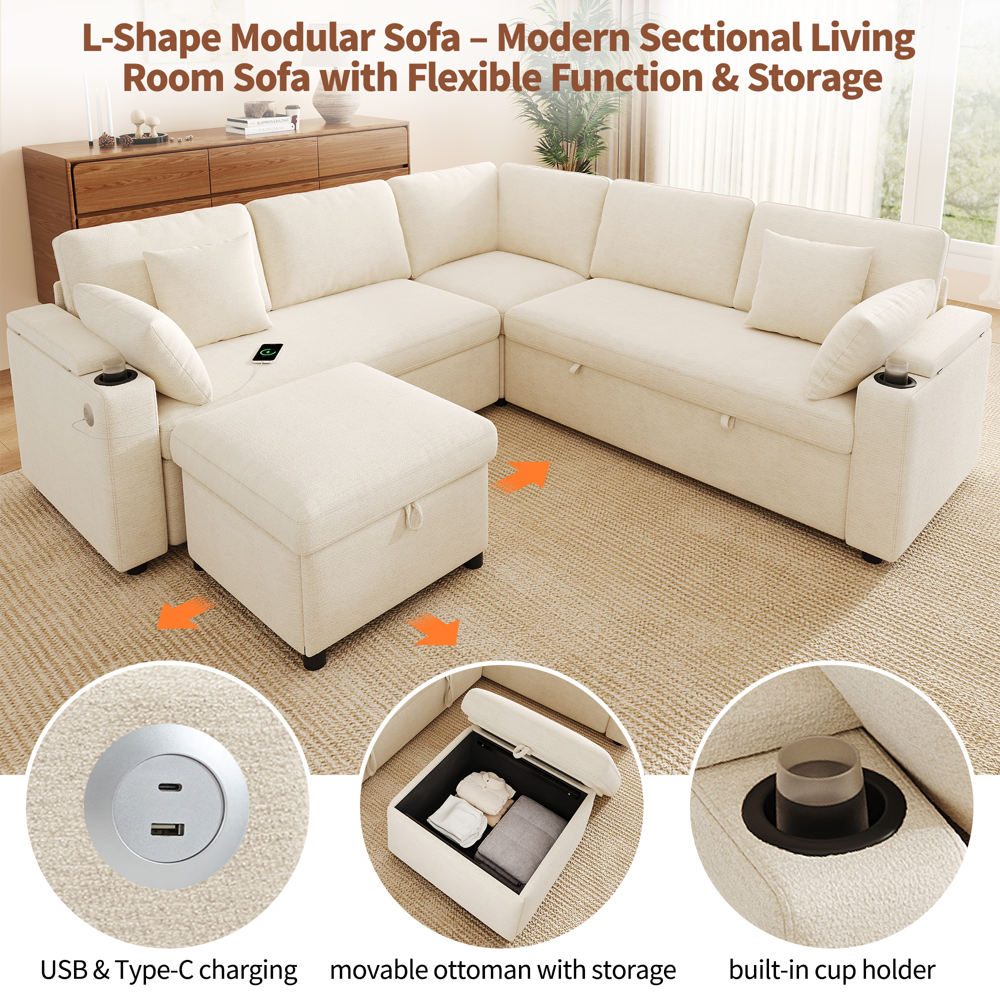 Canapé d’angle convertible 6 places en chenille avec pouf coffre, USB/Type-C, porte-gobelets, Beige, 204 x 204 x 83 cm - points forts 1