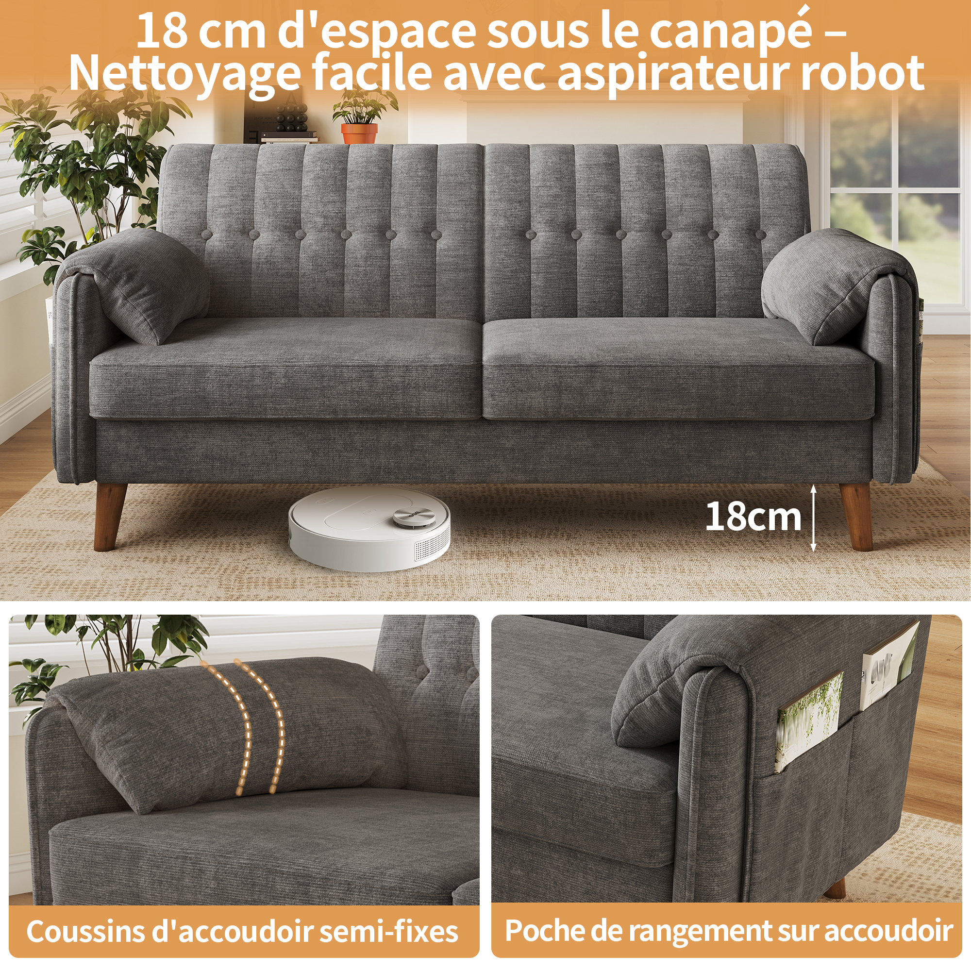 Canapé 2 places 161,5 x 79 x 83,5 cm, avec coffre de rangement, modulable, en chenille, Gris clair - dimensions et spécifications