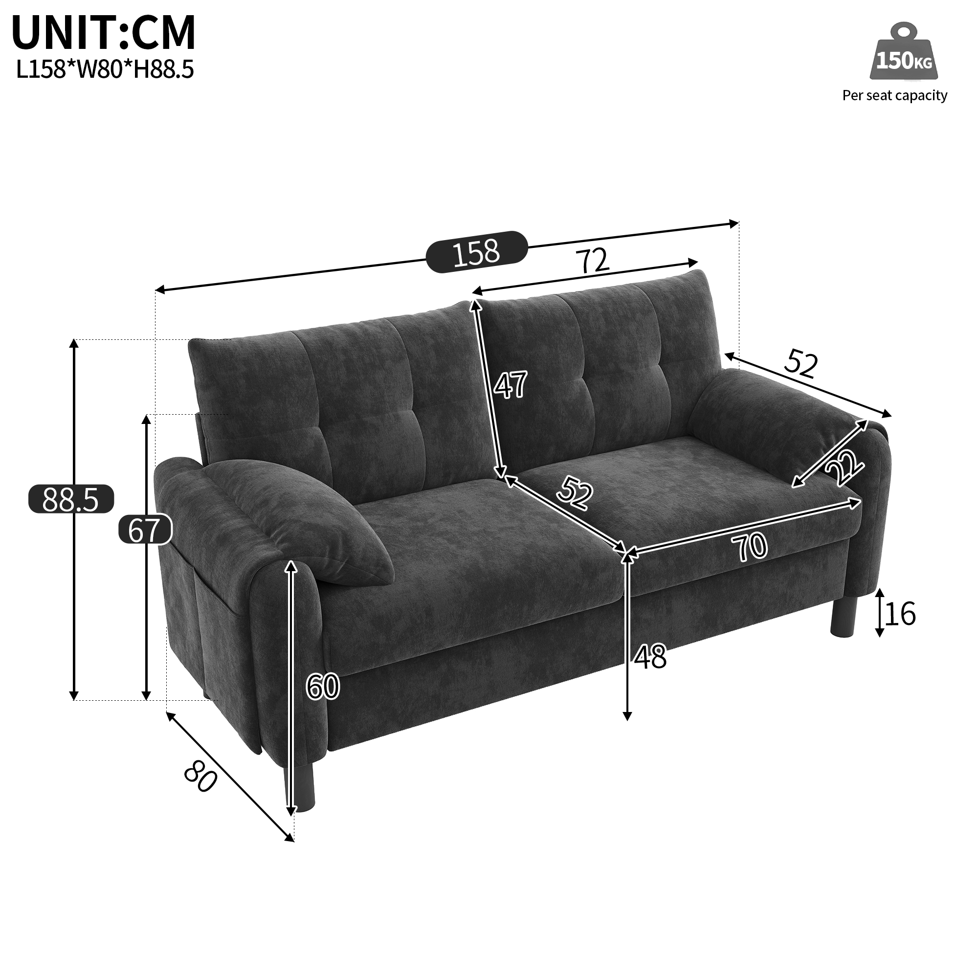 Canapé 2 places 158x80x88,5 cm en chenille gris - points forts 1