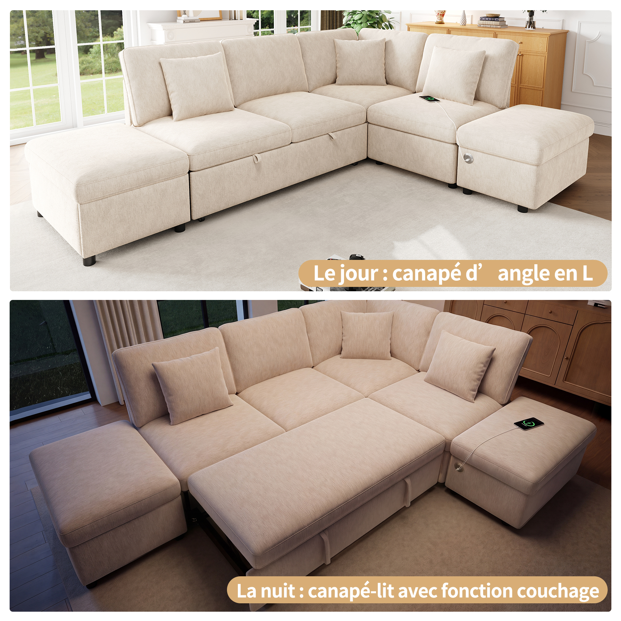 Canapé d’angle convertible en L 4 places 247,5 x 172 x 87 cm, avec rangement, pouf, table d’appoint et ports USB/USB-C, Chenille, beige - points forts 1