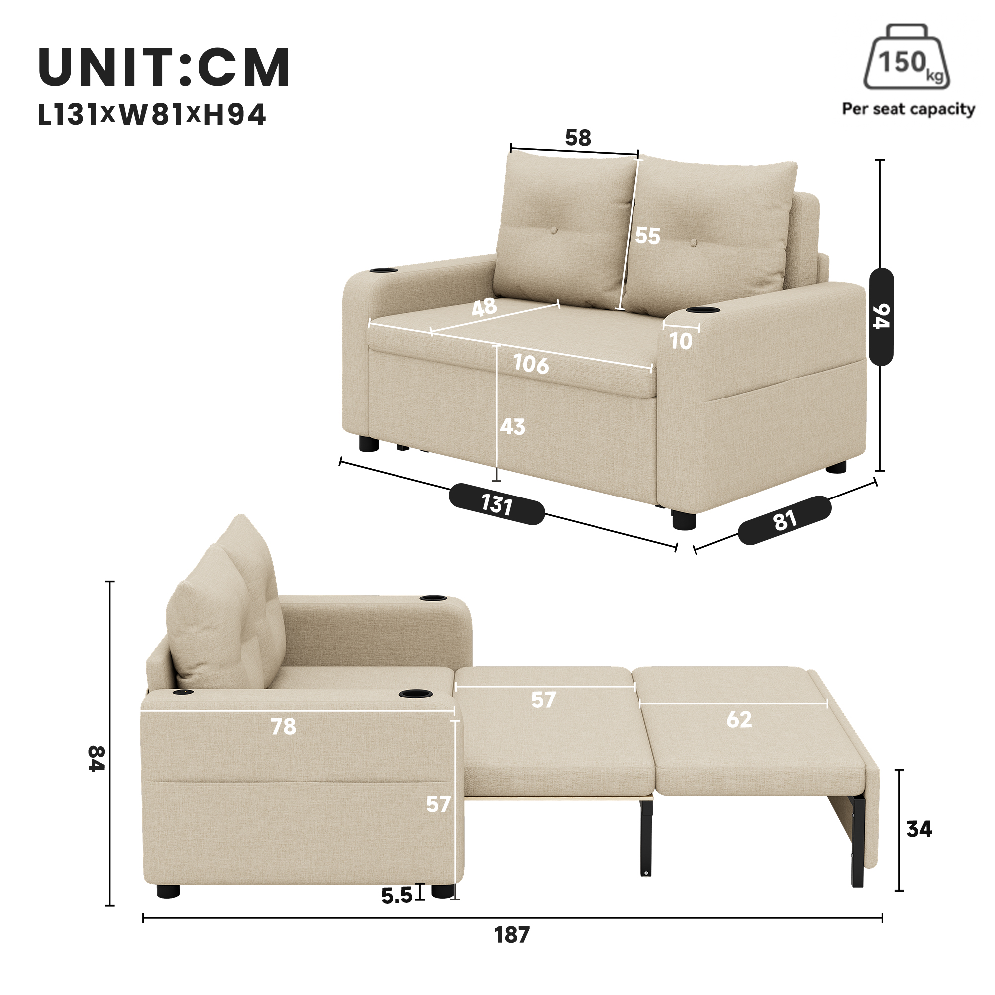 Canapé 2 places convertible beige coton lin