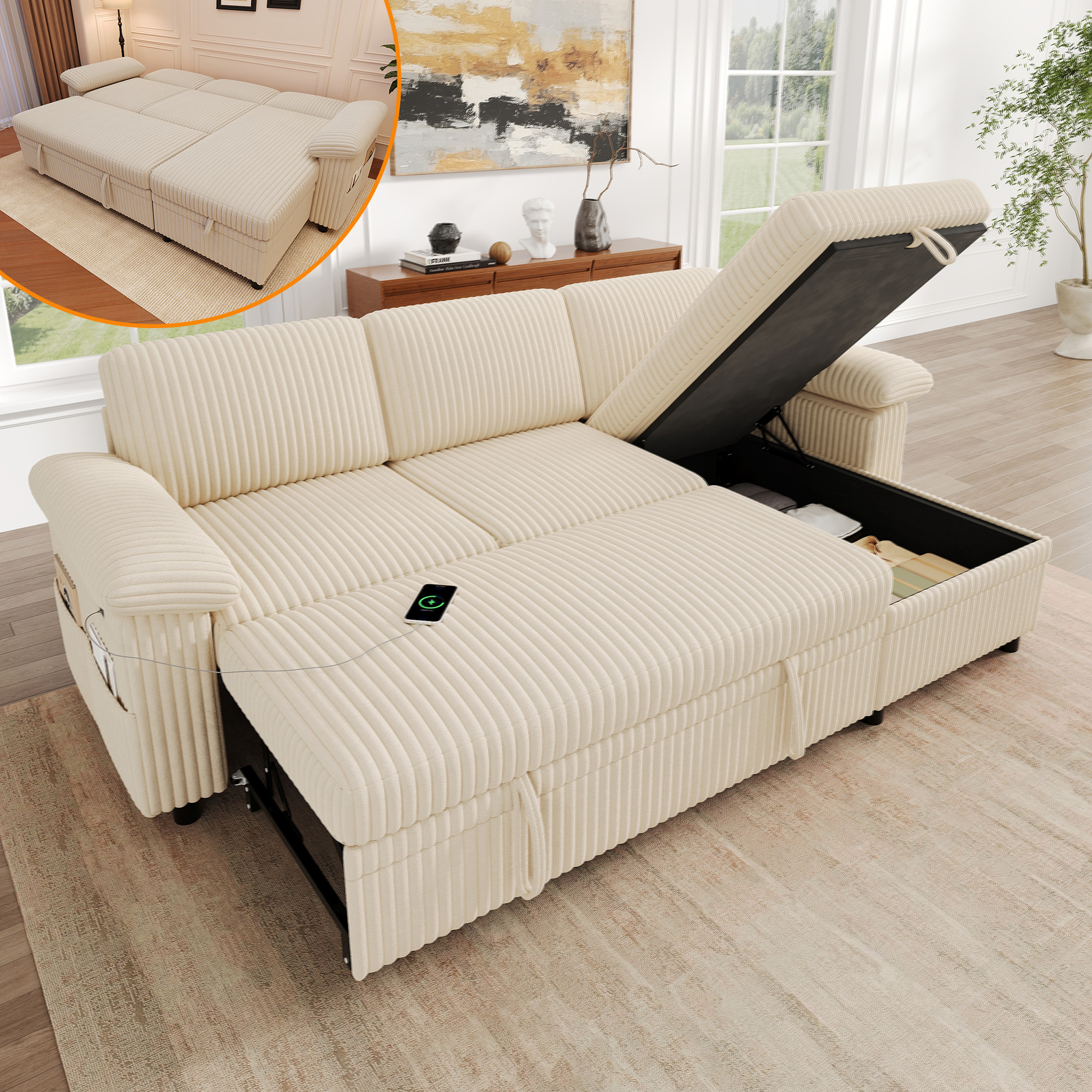 Canapé d’angle convertible beige avec méridienne réversible, rangement et ports USB