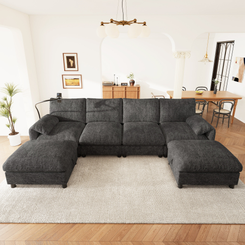 Canapé modulable avec deux poufs en configurations L et U