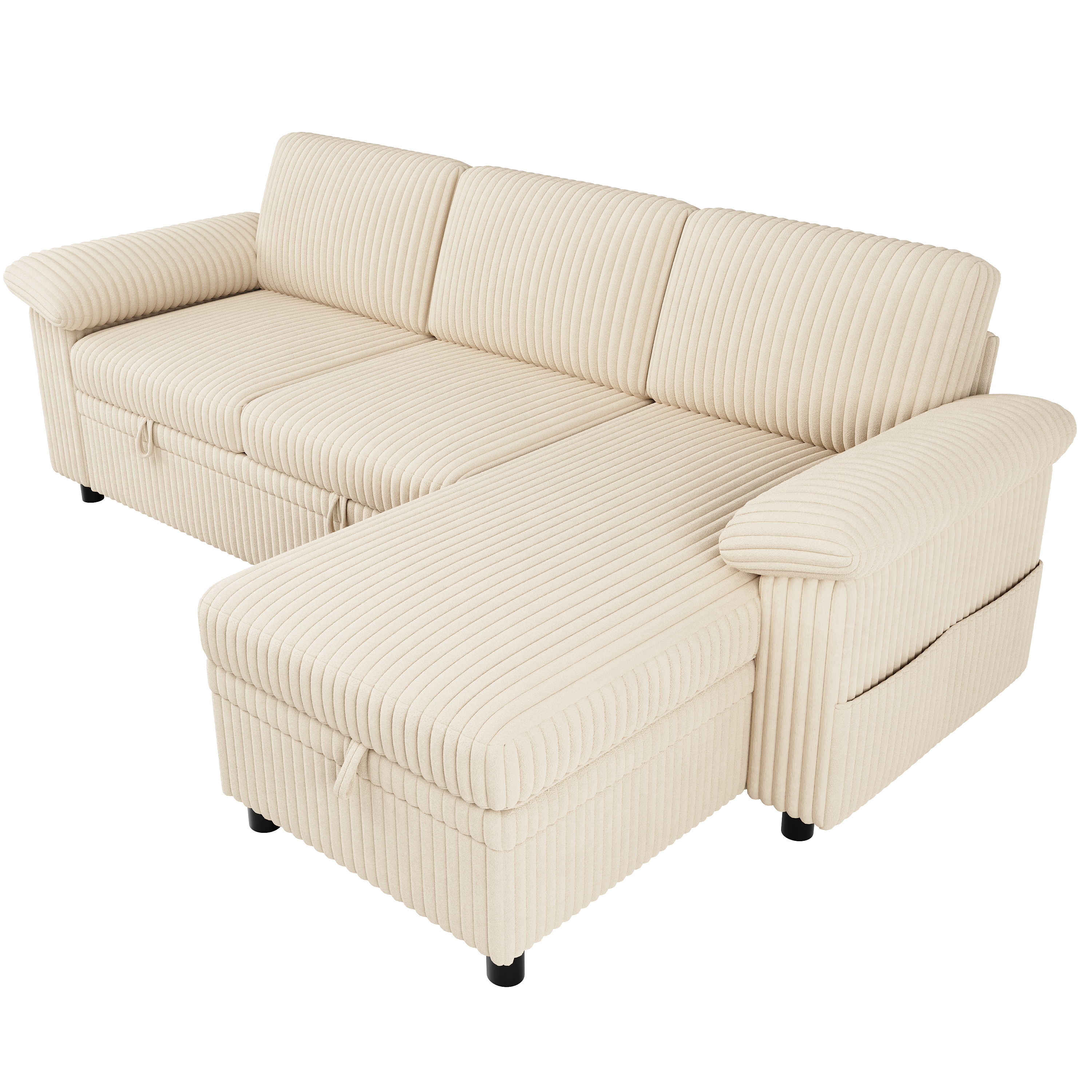 Canapé d’angle en L 3 places 212 x 150 x 89 cm, convertible, avec coffre de rangement, modulable, avec USB/Type-C, en velours côtelé, Beige - détails