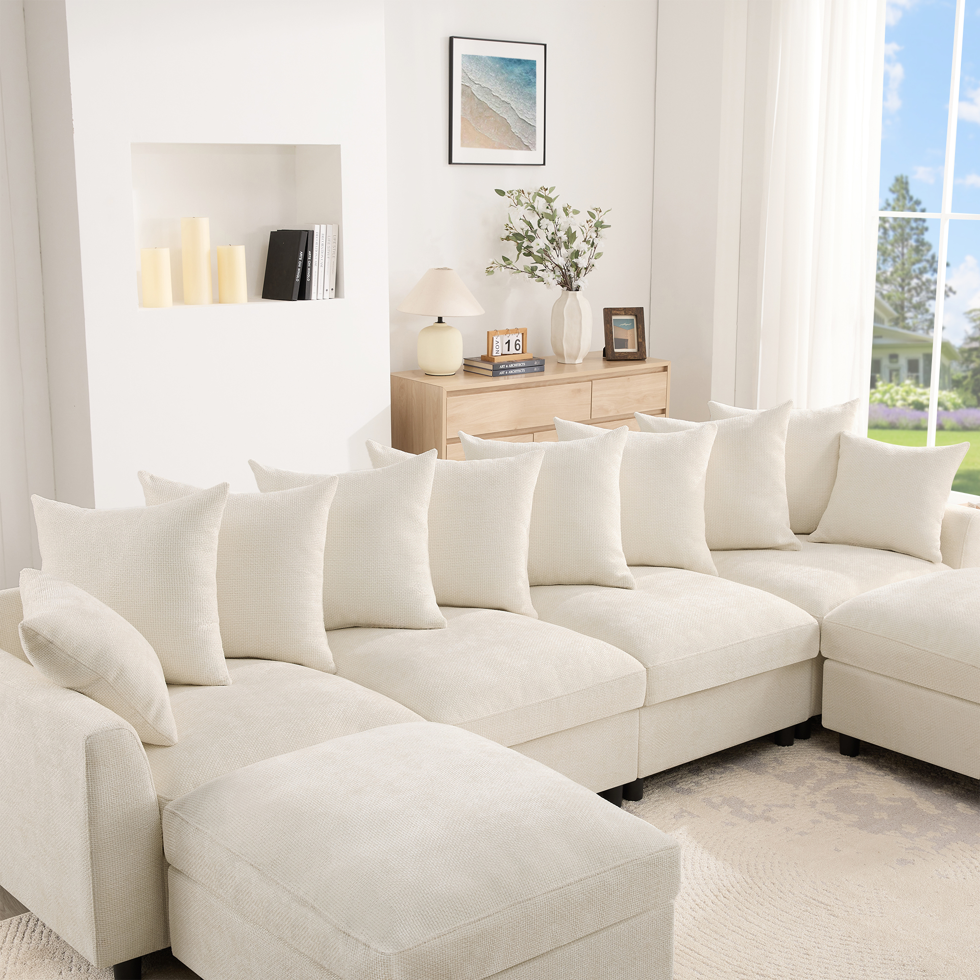 Canapé en U 6 places 283 x 153,5 x 78,5 cm, modulable, avec USB/Type-C, en chenille, Beige - dimensions et spécifications