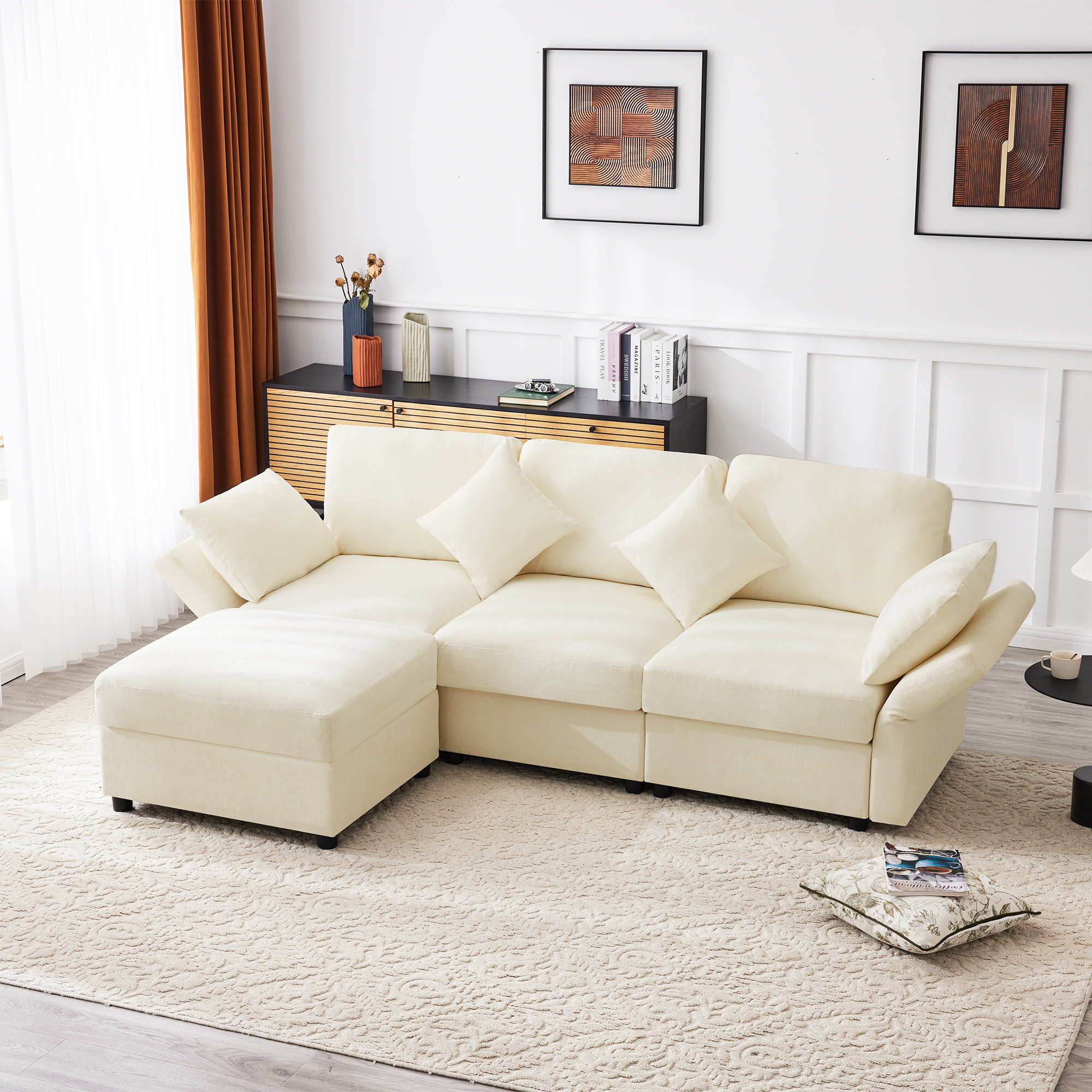 Canapé angle L 4 places beige chenille accoudoirs réglables pouf