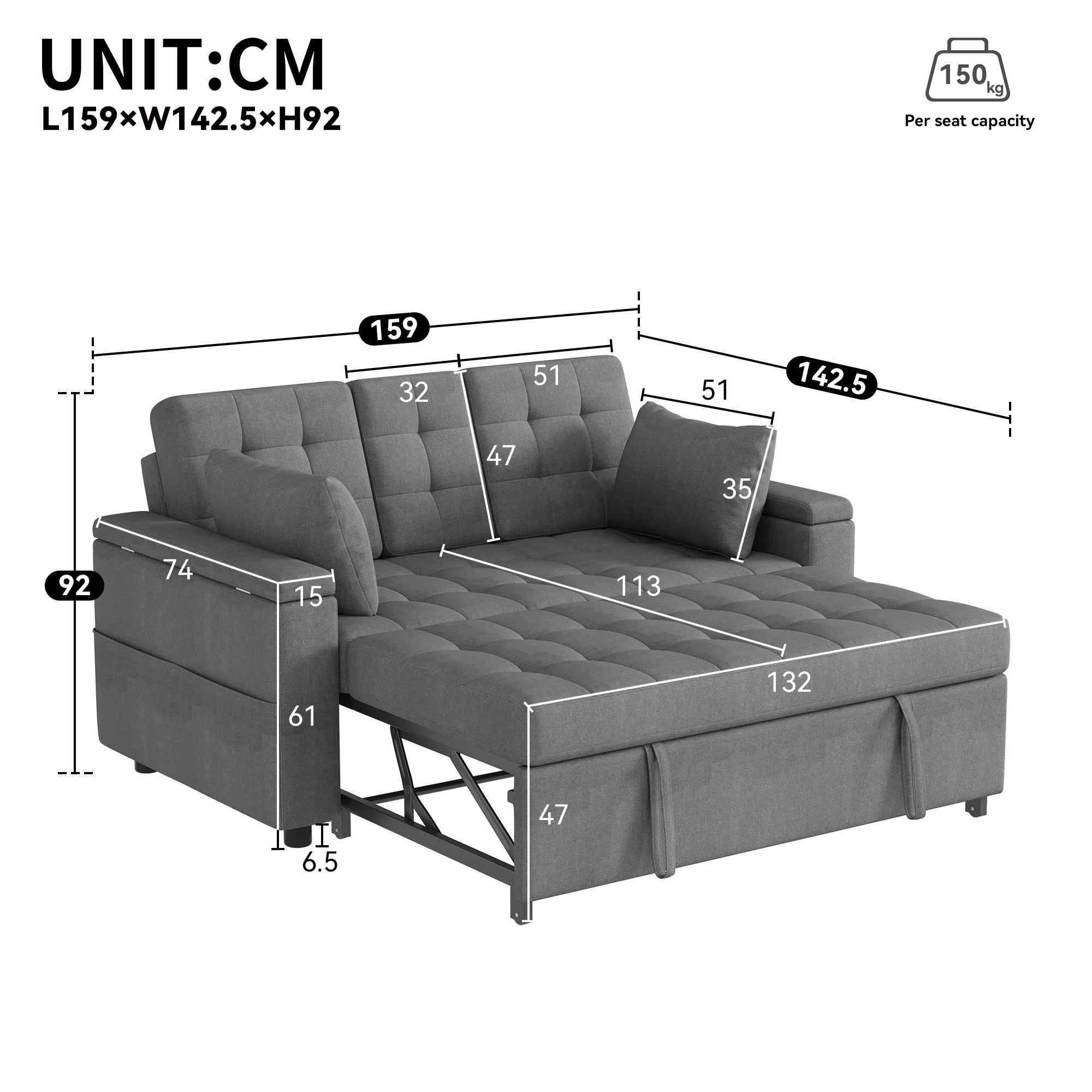 Canapé convertible / canapé-lit 2 places 159 x 142,5 x 92 cm canapé en L avec méridienne, avec rangement, lin, Gris - vue complémentaire 1