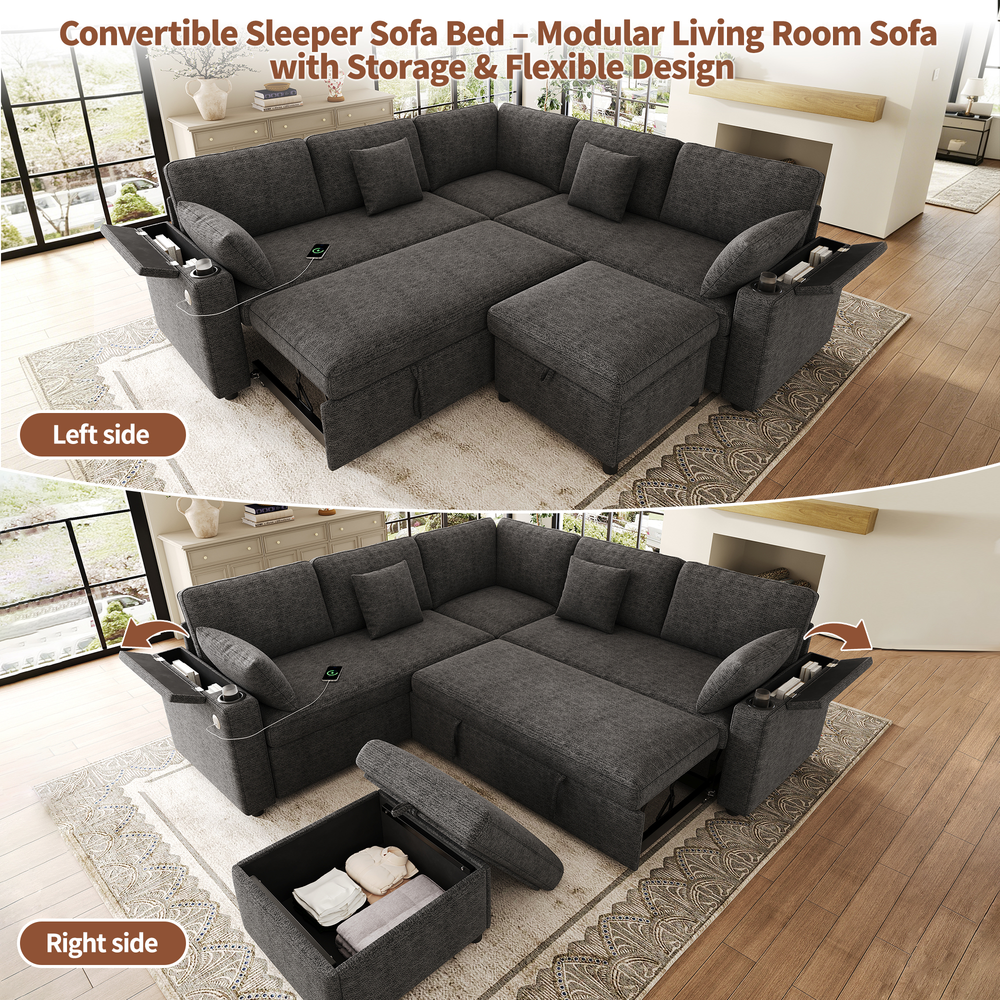 Canapé d’angle convertible 6 places en chenille avec pouf coffre, USB/Type-C, porte-gobelets, Gris, 204 x 204 x 83 cm - spécifications 1