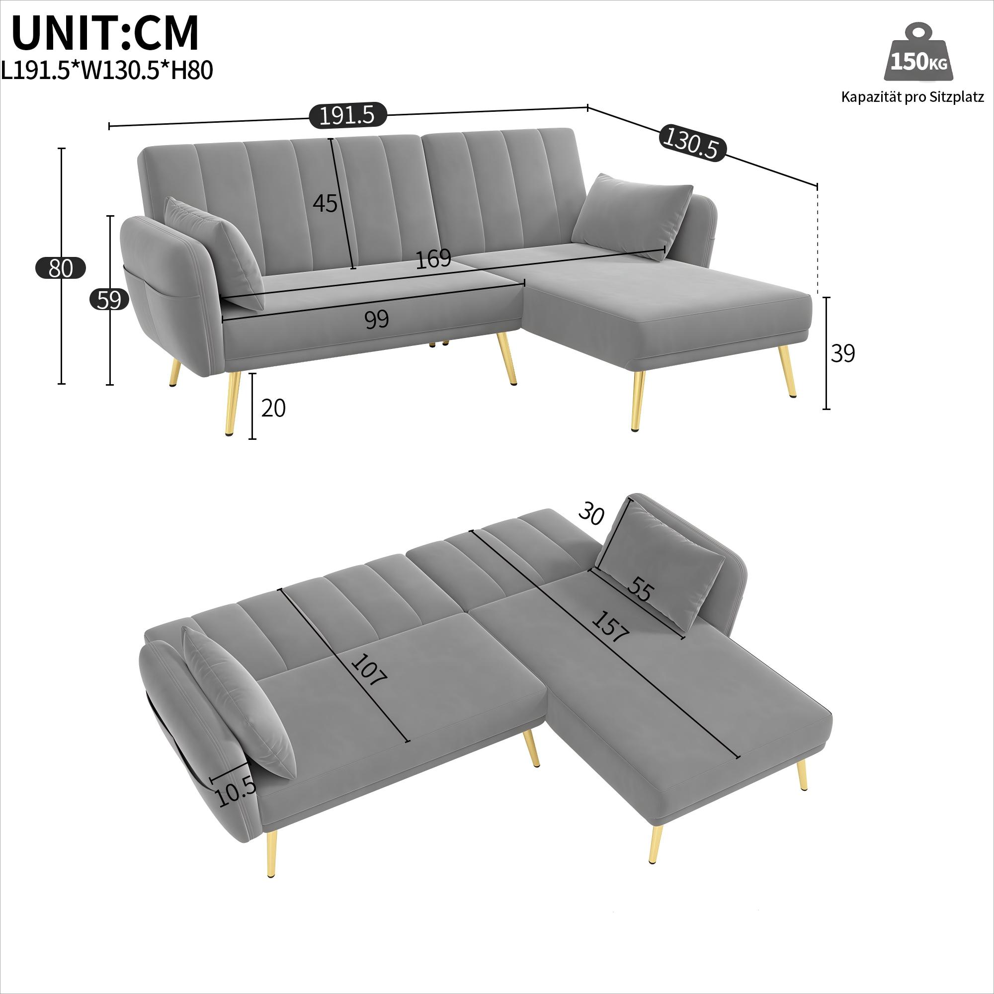 Canapé d'angle L convertible gris velours